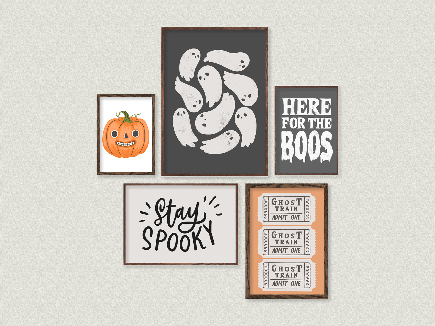 cute halloween printables, cute pumpkin illustration, here for the boos poster, stay spooky, ghost train tickets, cute ghost print