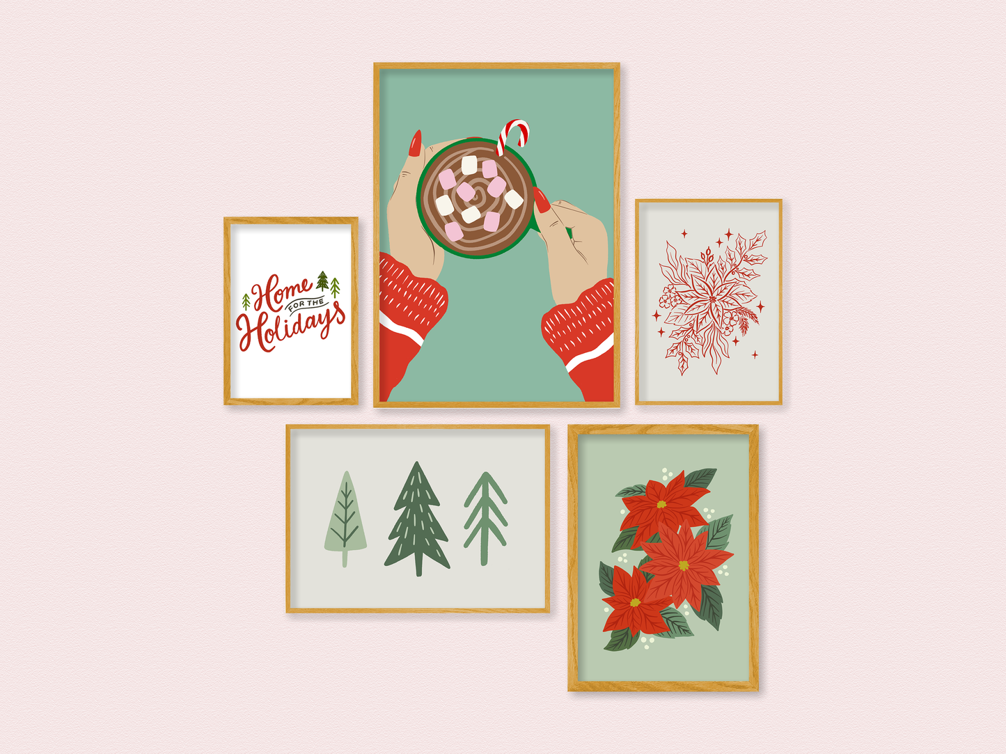 set of 5 christmas prints, printable christmas artwork, christmas illustration, red and green christmas wall art, hands holding cocoa, home for the holidays, poinsettia illustration print,