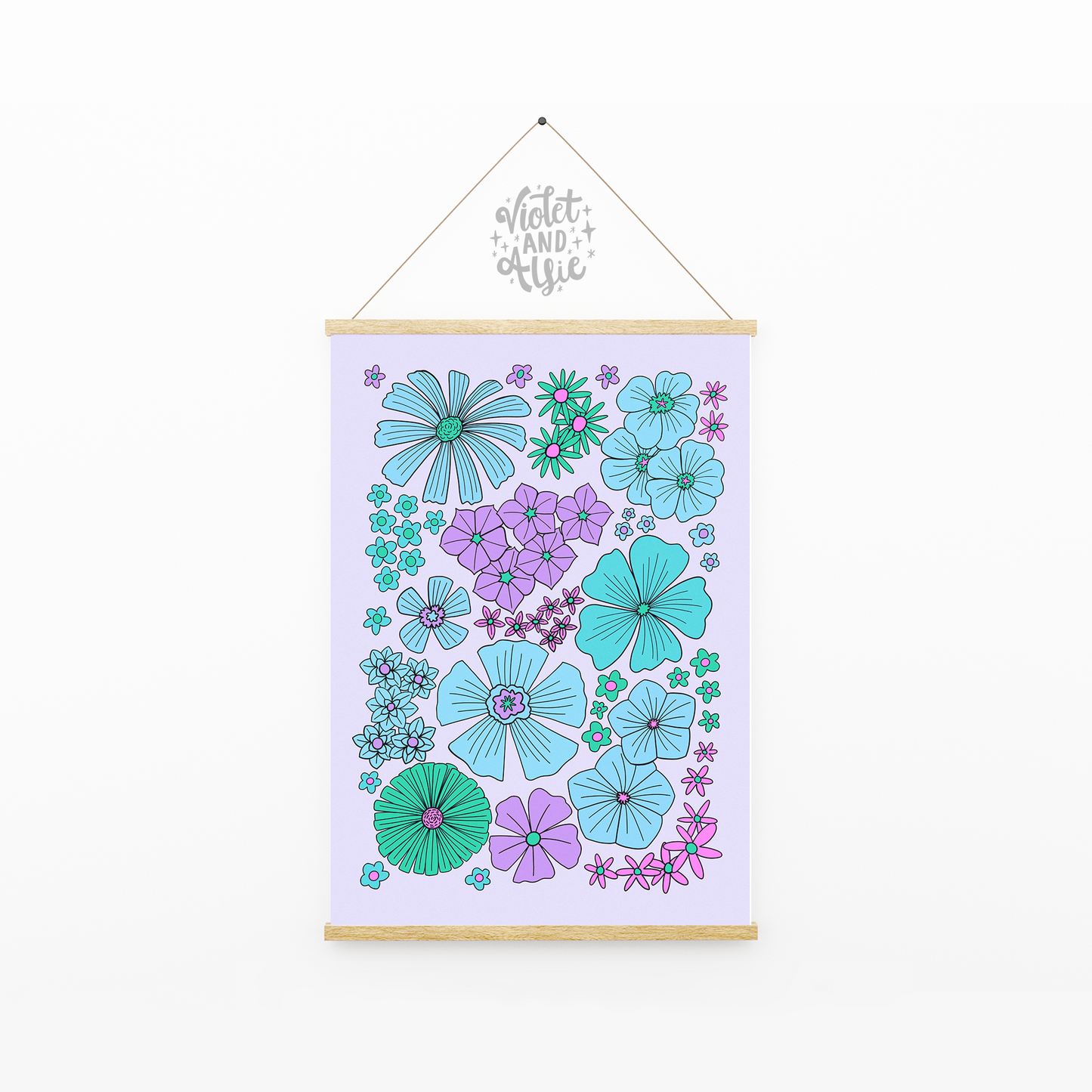 Seventies revival flower illustration, retro flower print, purple lilac lavender wall art UK, seventies trend wall art prints