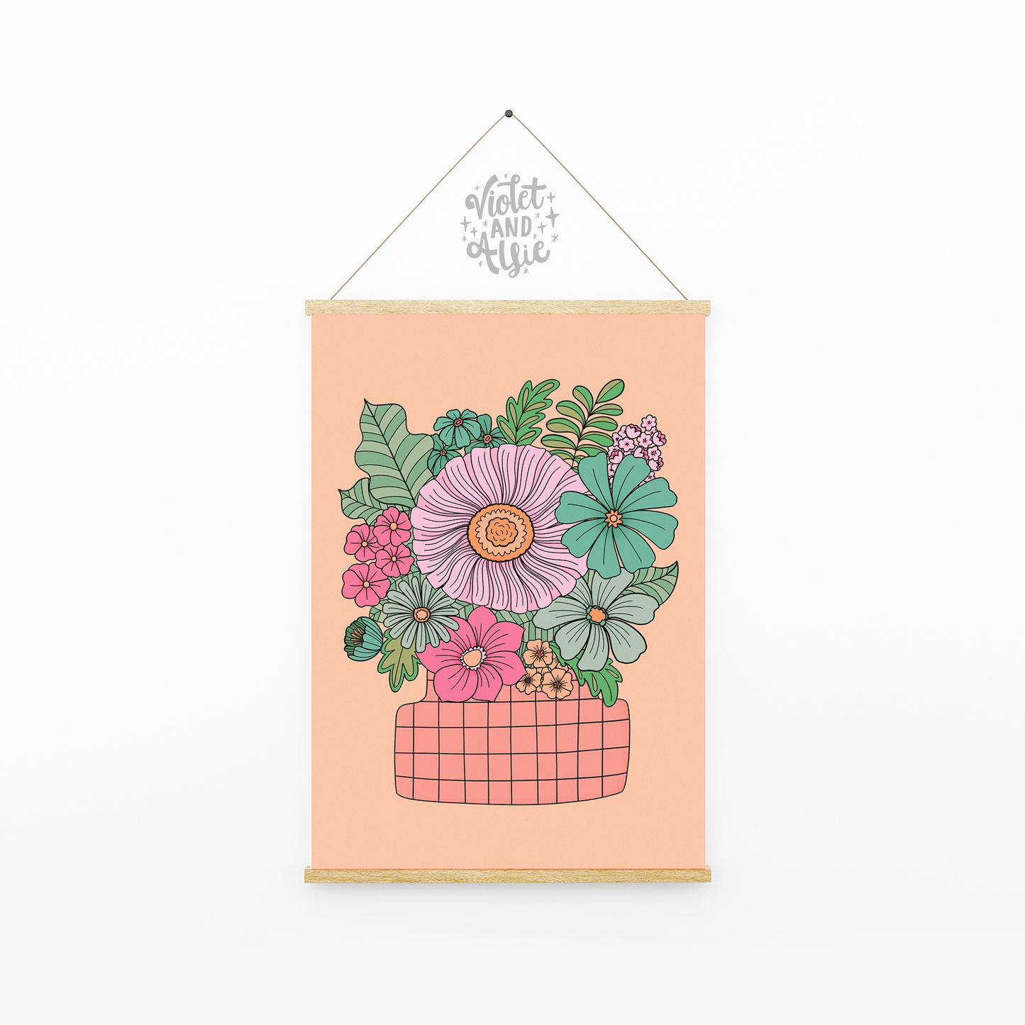Peach and green wall art, pink and green prints, Retro flower vase print, seventies revival wall art, boho decor, floral illustration, kitsch decor, botanical home prints