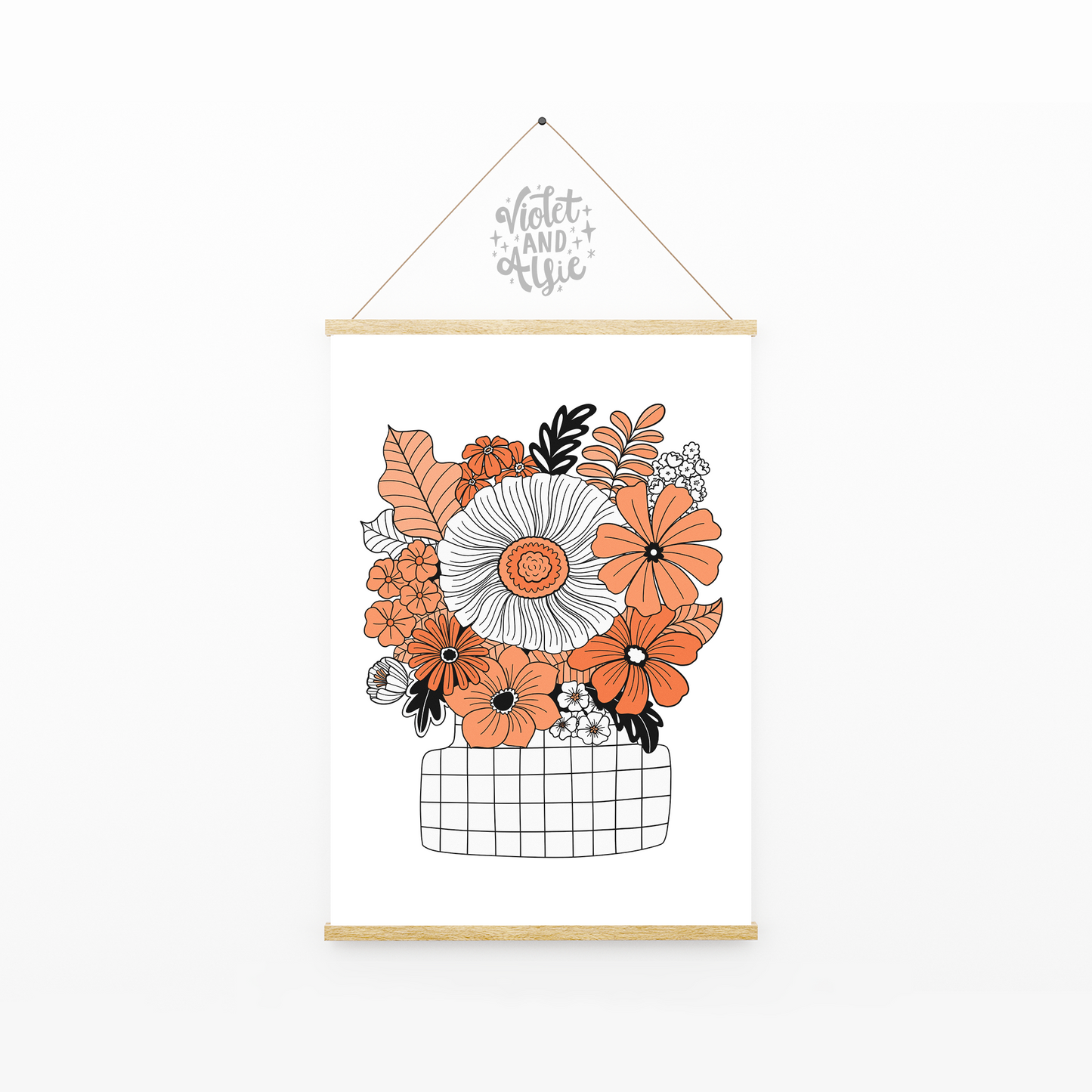 Retro flower vase print, seventies revival wall art, boho home decor, floral illustration, orange wall art, orange decor, kitsch decor, botanical home prints