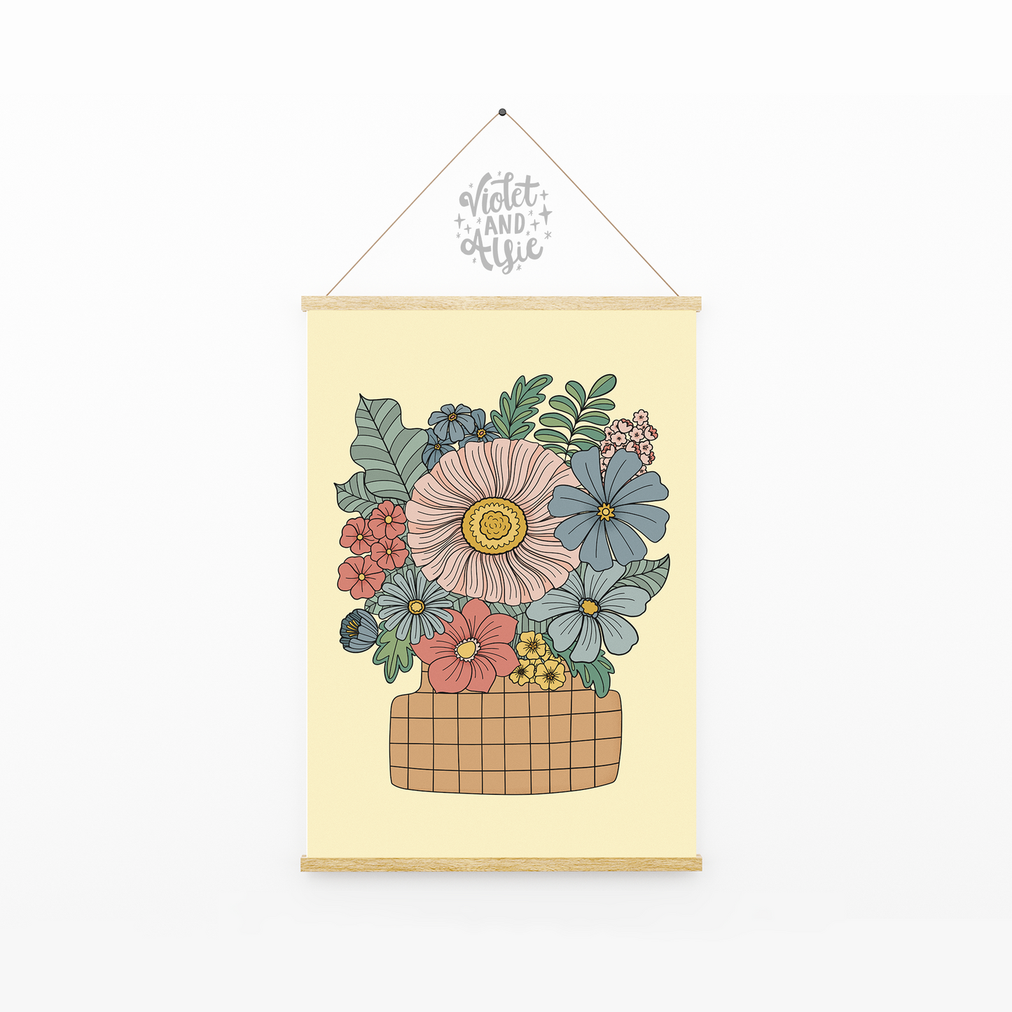retro seventies revival botanical wall art print, yellow green blue pink mustard