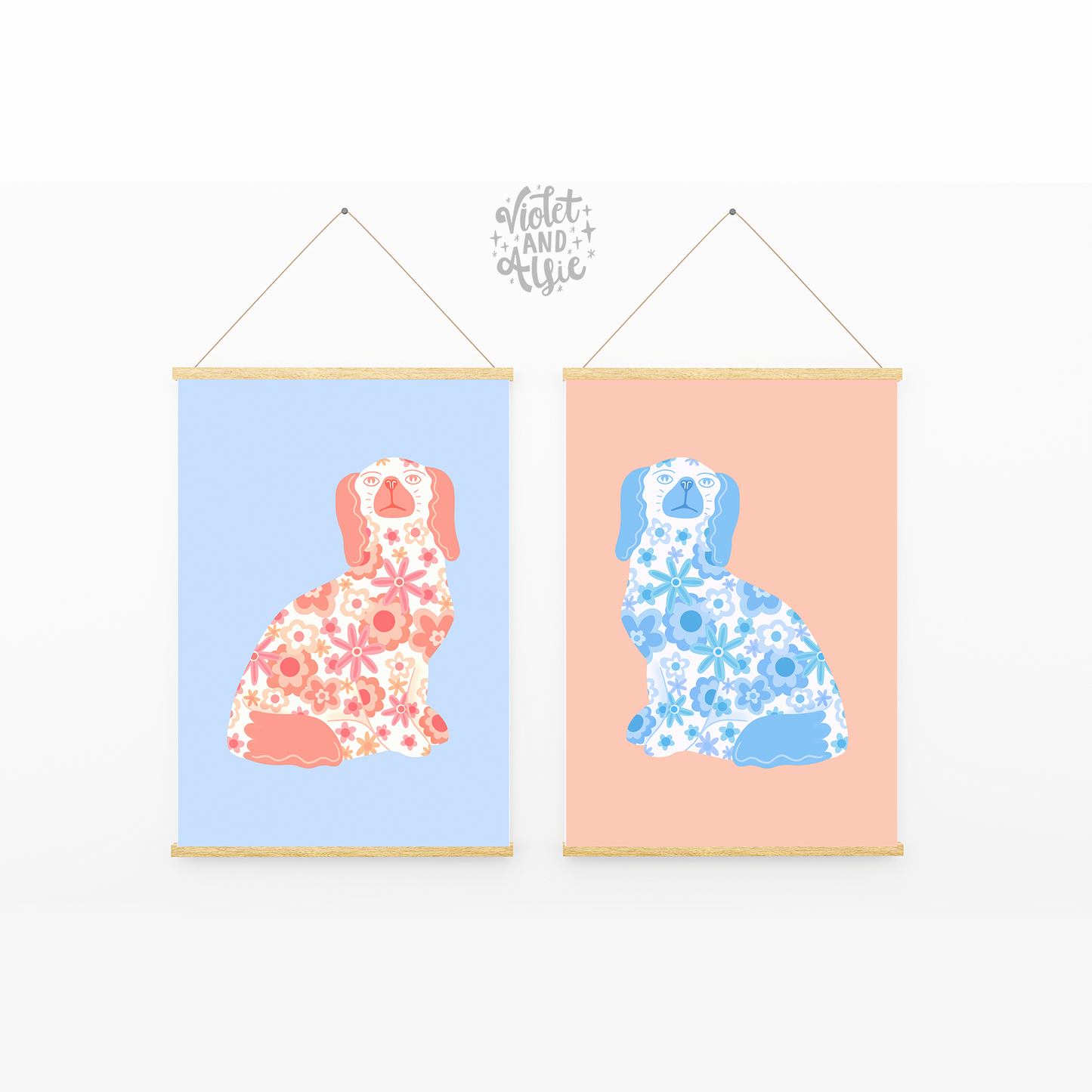 seventies floral dog prints, retro dog statue pottery wall art, peach and blue wall decor prints, quirky dog wall art