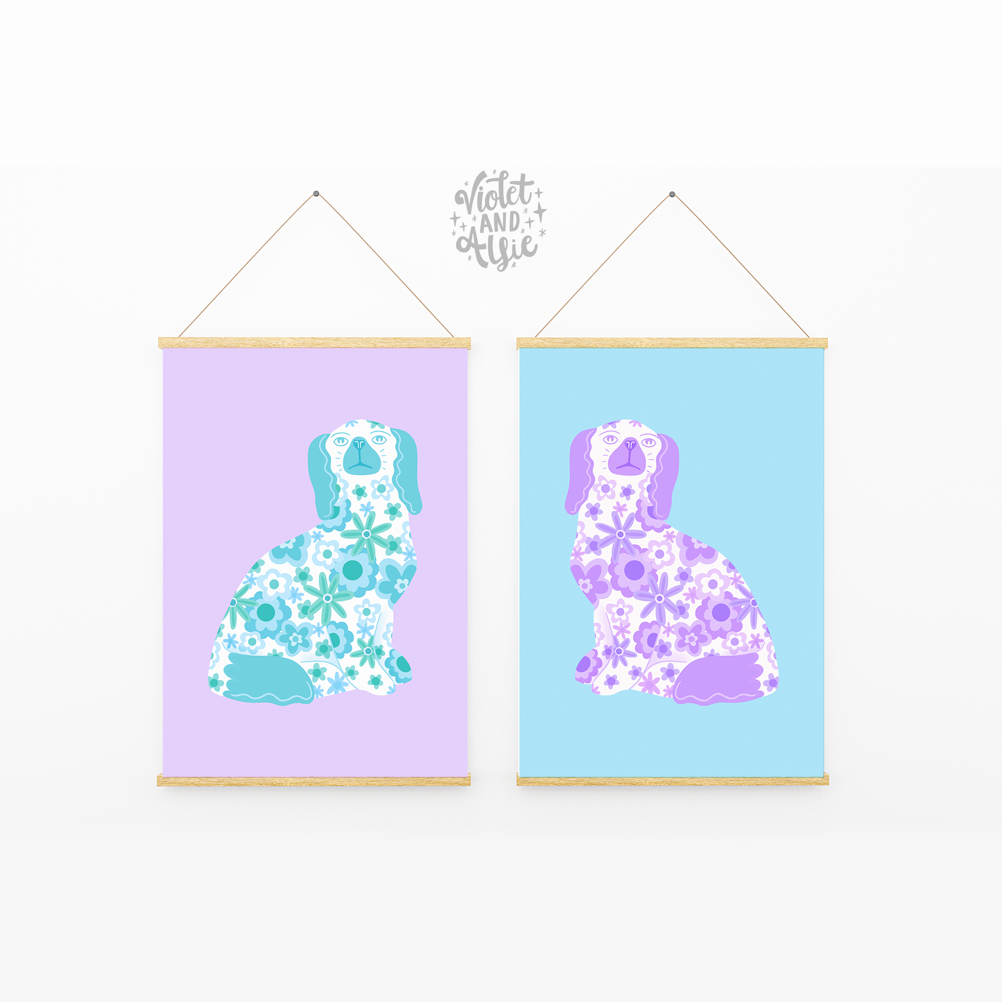 purple and teal wall art prints, kitsch home decor, modern retro prints for your home, dog illustration art prints