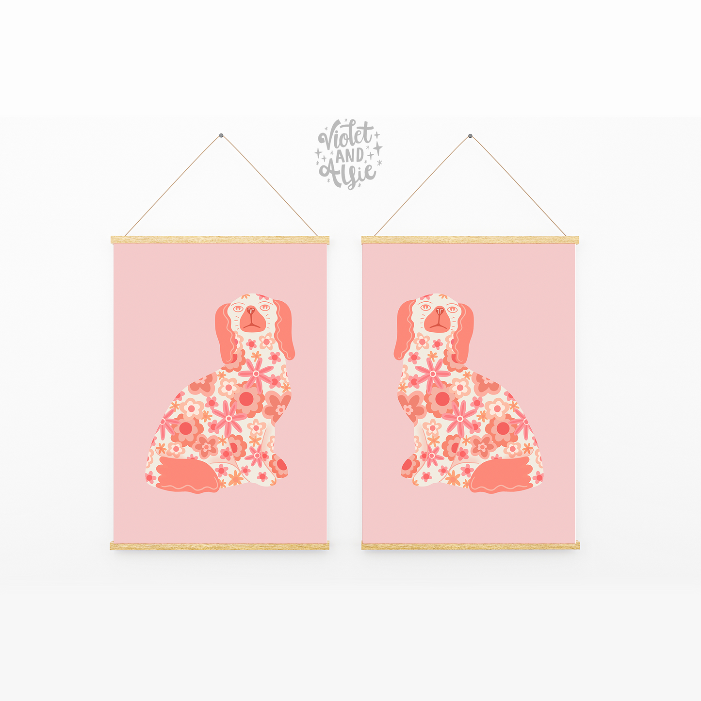 retro pottery dog illustration prints, peach orange pink decor, pair of prints, vintage retro eclectic style prints