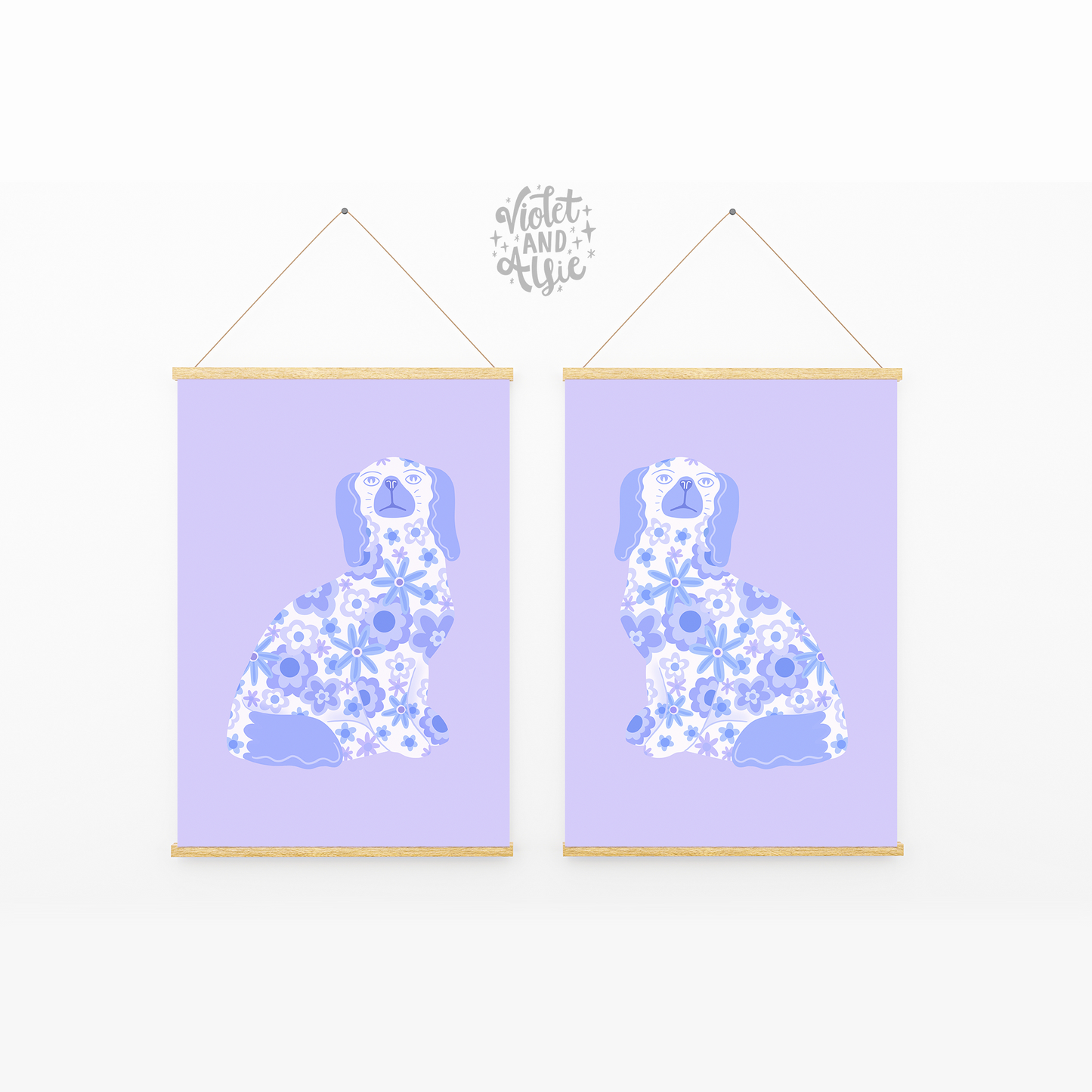 dog prints, seventies floral wall art, pottery dog art, dog statue illustration, purple lilac lavender violet decor