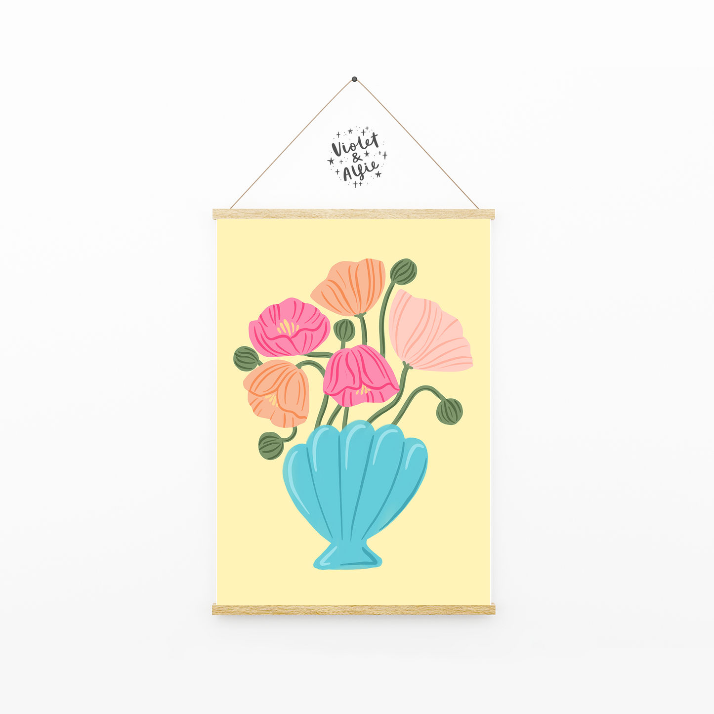 poppies in shell vase print, yellow blue pink decor, biophile gift,floral wall art, colourful bathroom decor, pretty pastel wall art, fresh illustration prints, playful decor,colourful prints.