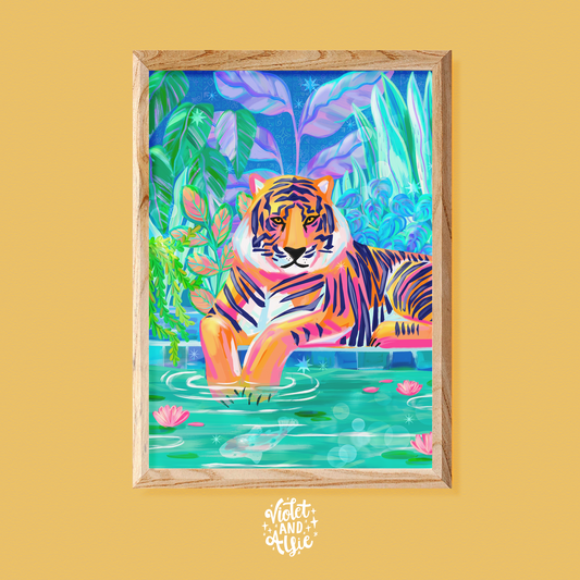 tiger illustration, tiger print, maximalist decor, tiger at pool, super colourful wall prints, jungle decor, pink turquoise orange art