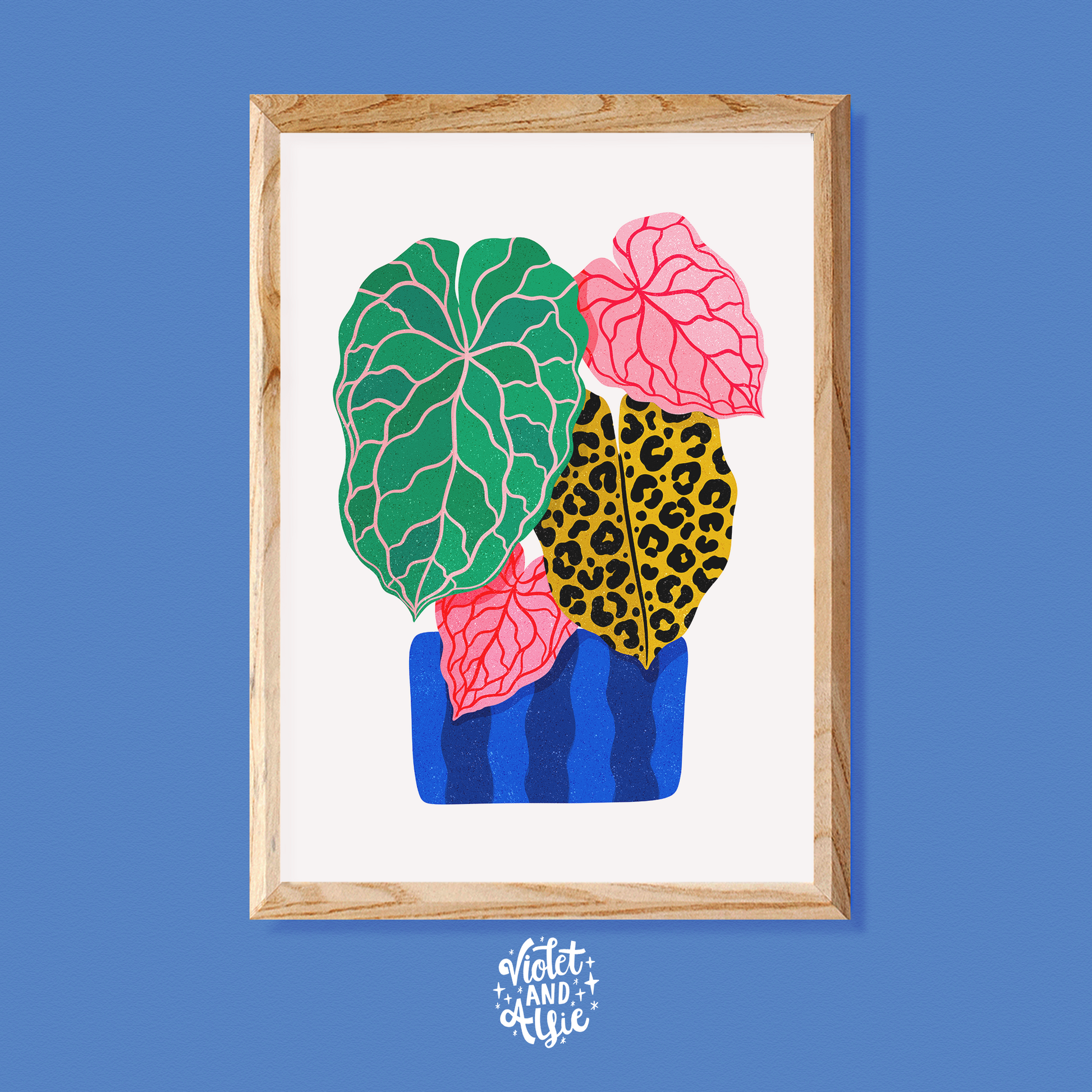 botanical illustration also makes a perfect gift. maximalist plant print, leopard print leaves, blue pink green, colourful plant illustration
