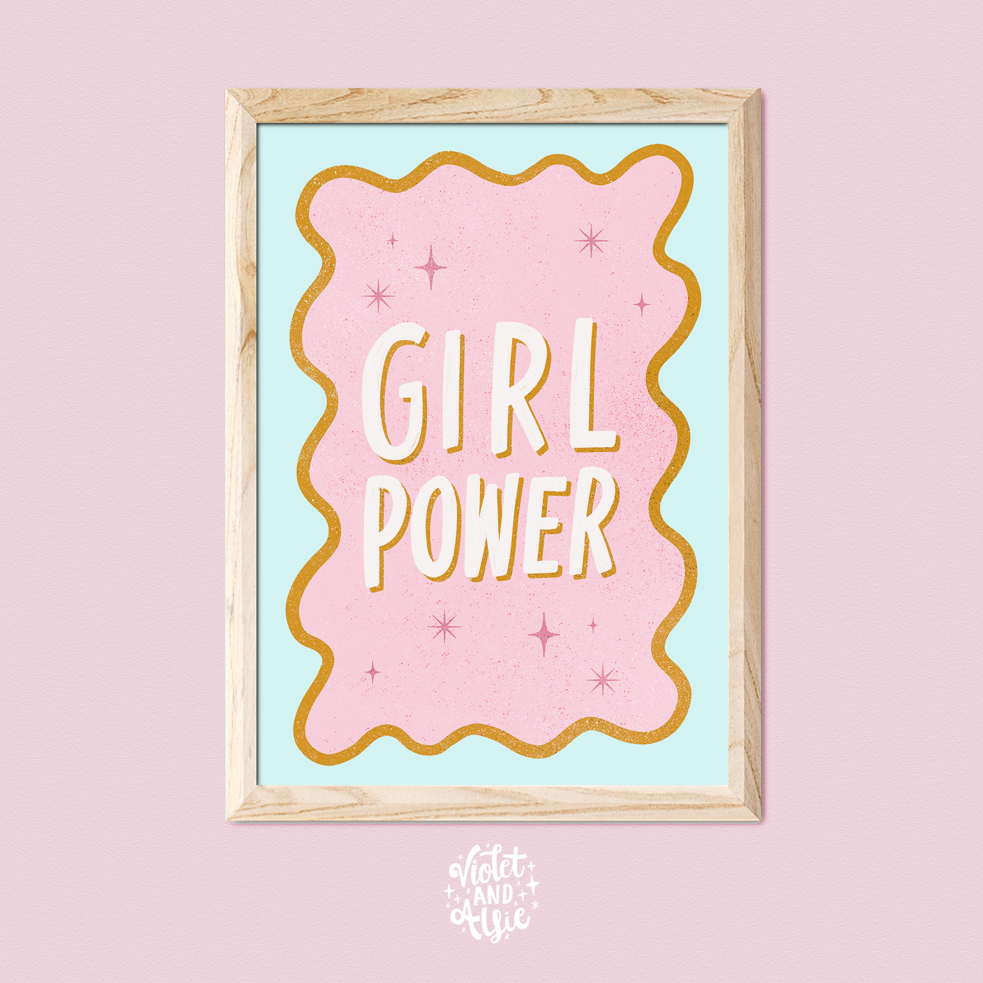 Pink mint mustard wall art, pastel prints, typographic wall art, girl power print, feminist gift, mini feminist poster, girls room wall art, girlie decor, gift for girl