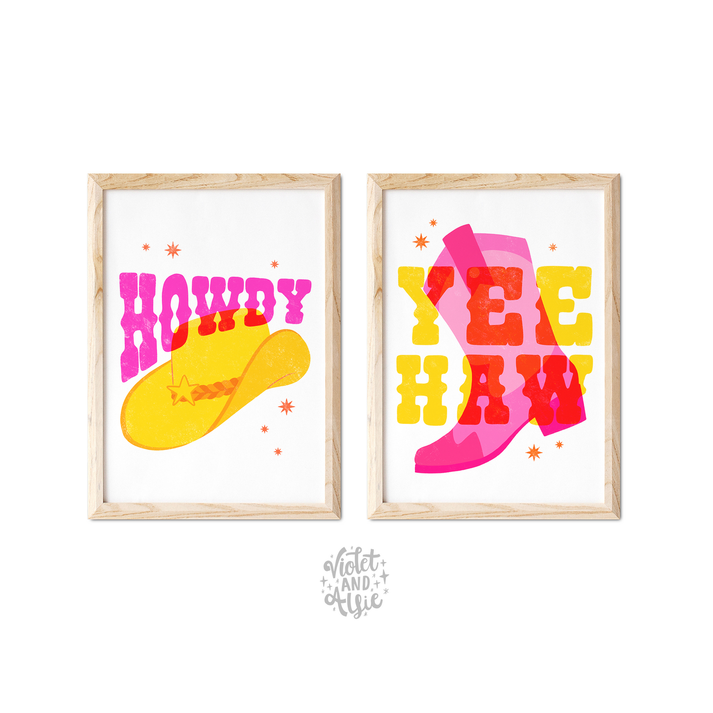 Modern cowboy decor, western style decor, country and western prints, yellow and pink, retro cowgirl vibe, howdy, yeehaw, cowboy hat, cowboy boot illustration, cowgirl aesthetic