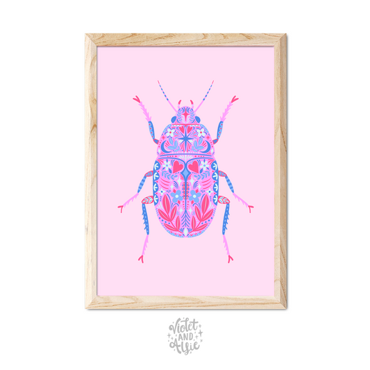 super colourful beetle illustration, folk style art, boho wall decor, colourful prints, bug art, pink and blue
