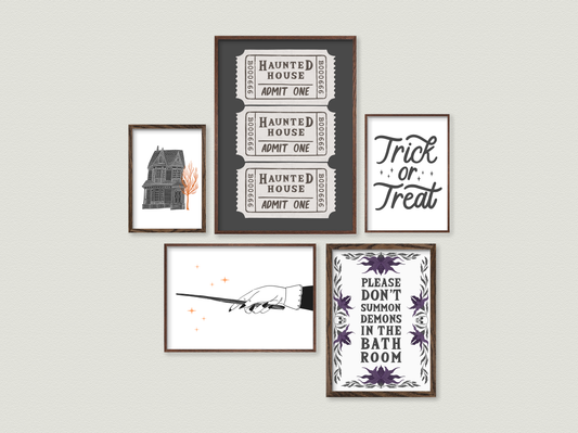 halloween printables, instant downloads, print at home, halloween decor, halloween posters, haunted house tickets, trick or treat, witch's hand, please dont summon demons in the bathroom
