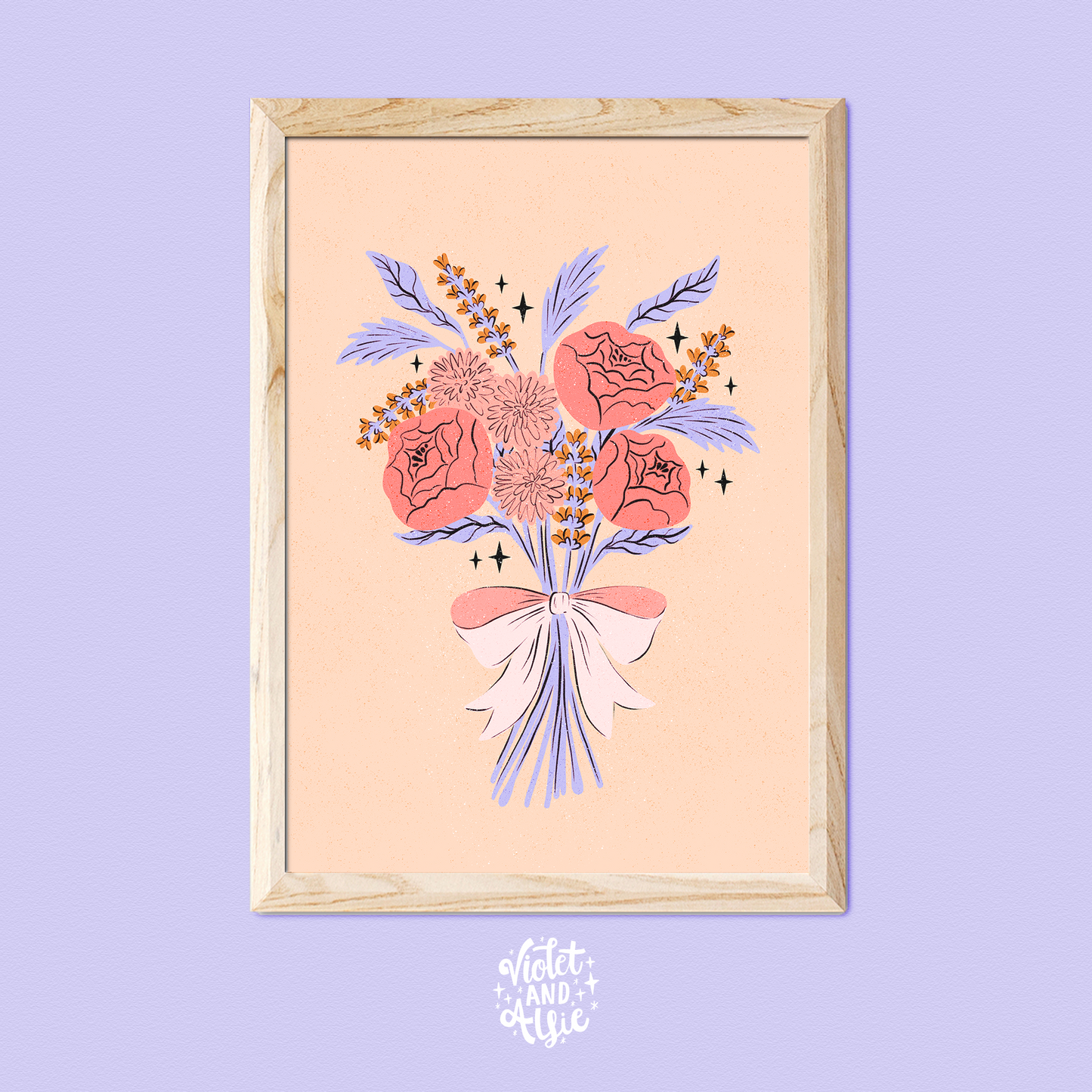 pretty flower print, purple coral peach, floral wall art, botanical illustration