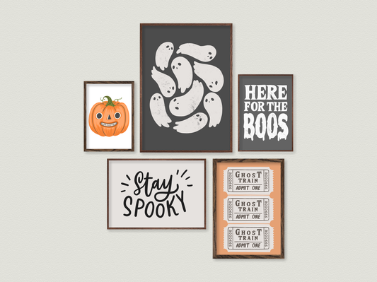 cute halloween printables, cute pumpkin illustration, here for the boos poster, stay spooky, ghost train tickets, cute ghost print
