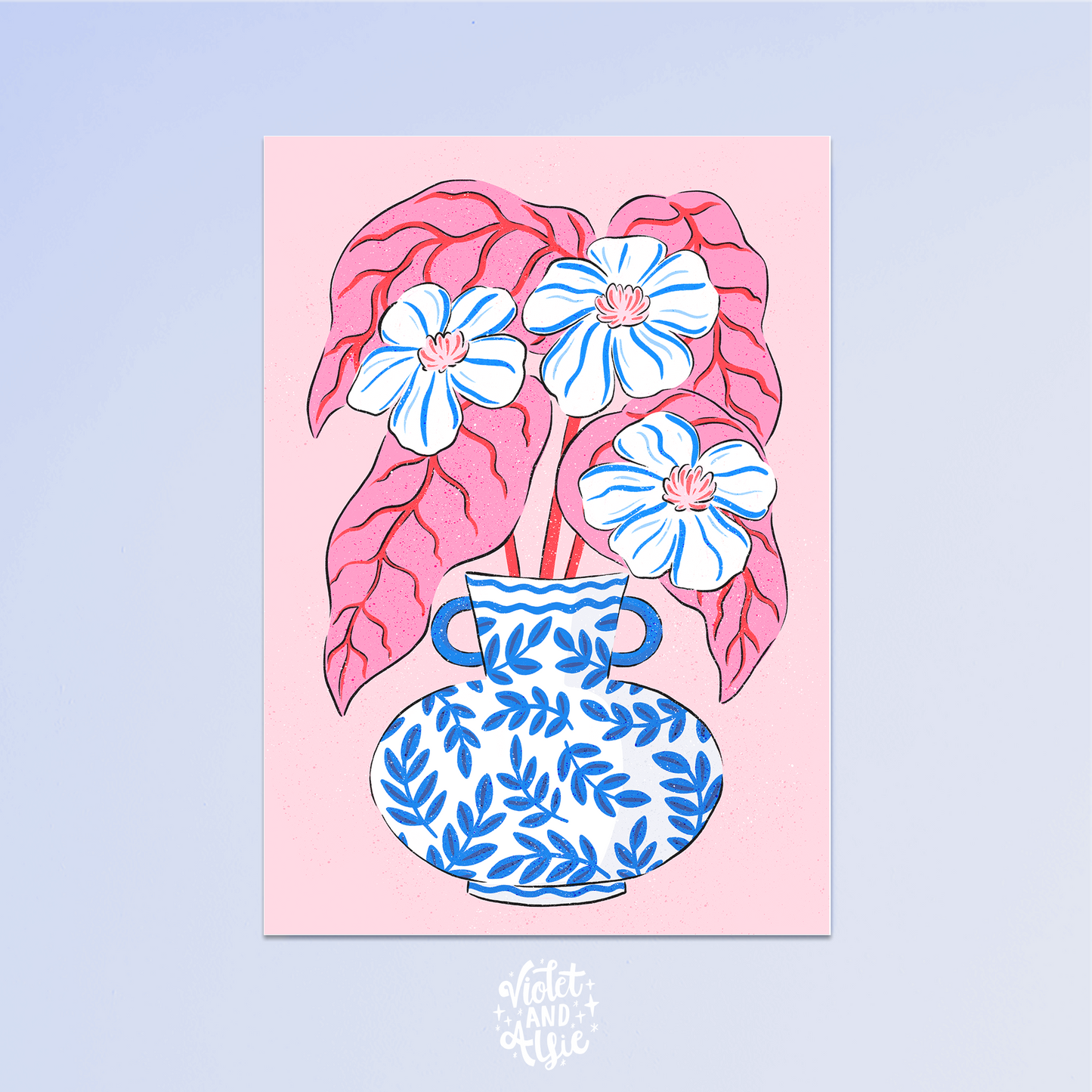 Pink and Blue Flower Print - Maximalist Botanical Art
