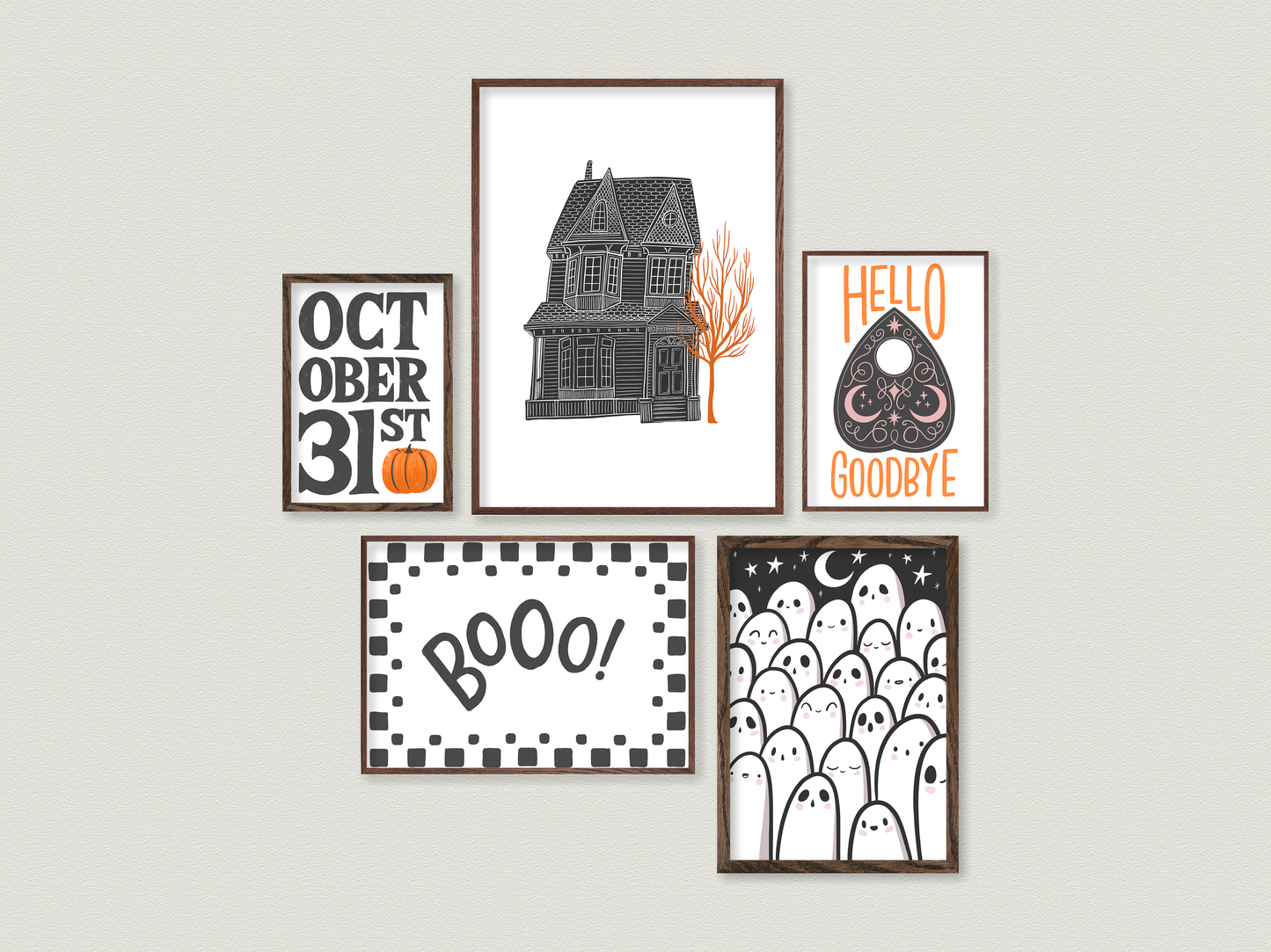 halloween printables bundle, instant downloads, spooky decor, planchette illustration, haunted house, boo print, cute ghosts illustration