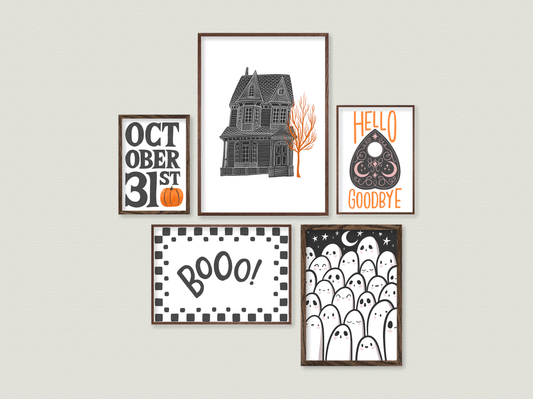 halloween printables bundle, instant downloads, spooky decor, planchette illustration, haunted house, boo print, cute ghosts illustration