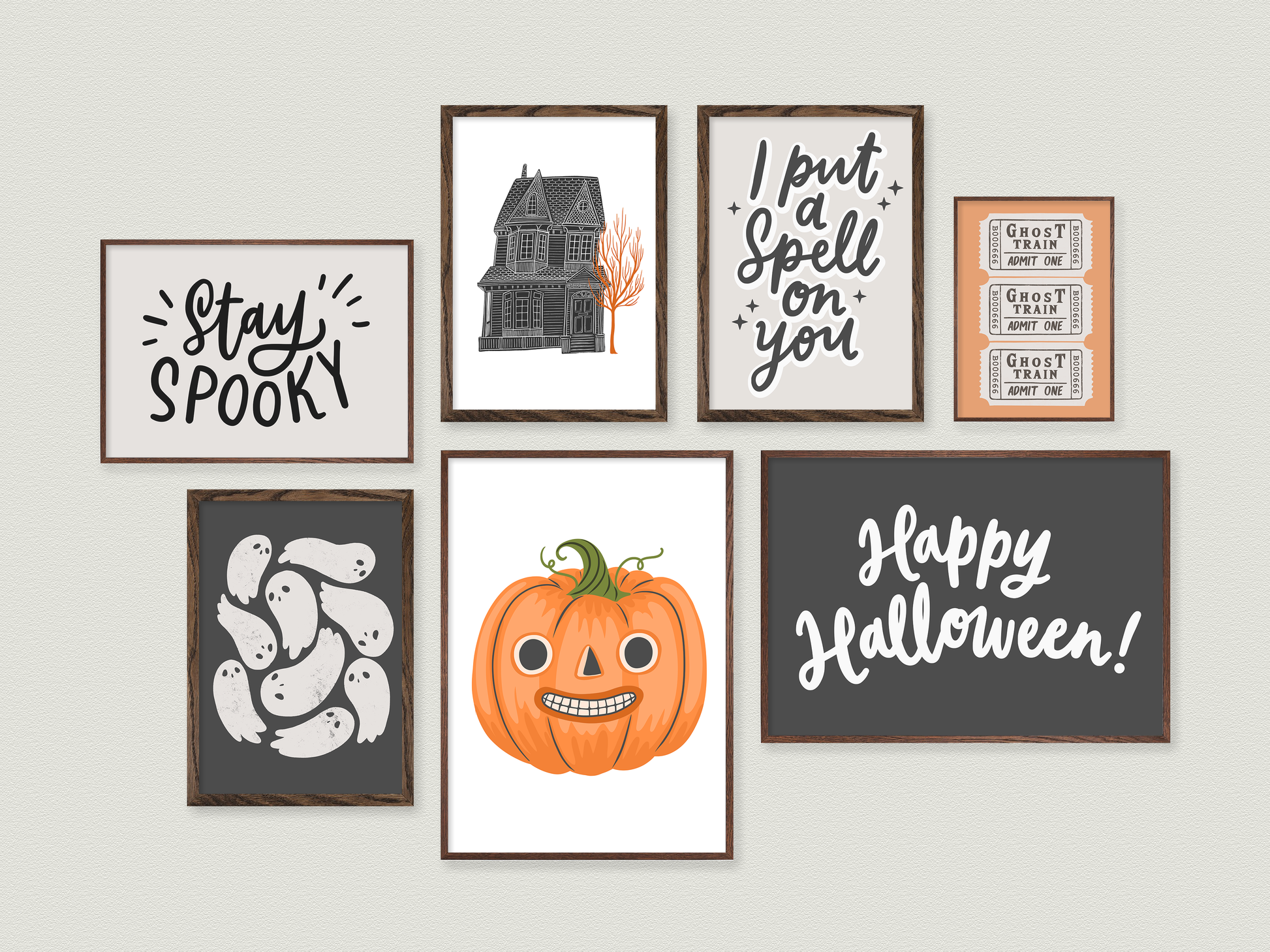 printable halloween art bundle, halloween home decor, instant downloads, spooky house, stay spooky, cute ghosts, cute pumpkin illustration, happy halloween poster, ghost train tickets, i put a spell on you print