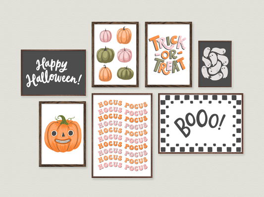 printable halloween art, cute halloween decor, happy halloween, trick or treat, cute ghosts, hocus pocus, boo, cute pumpkin face, print at home wall art