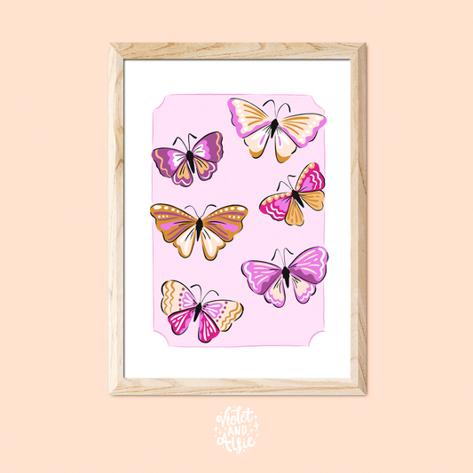 Colourful Butterfly illustration Print, Pretty Nature Themed Art, butterflies decor, girls room wall art, pink purple blue mustard, stylised butterfly art, pretty wall decor, butterfly illustration print