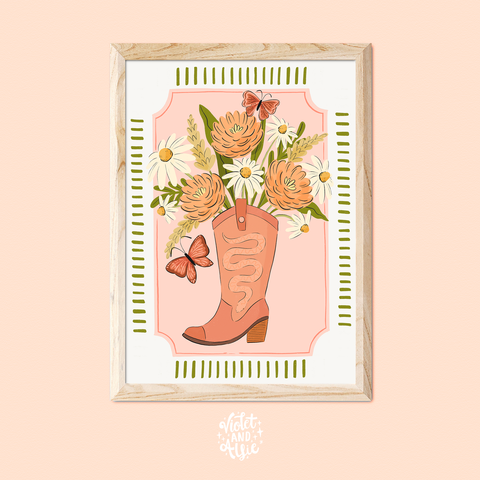 This unique illustration print features beautiful flowers inside a classic cowboy boot. Embrace the country and western trend with this pretty botanical fashion print. Cowgirl aesthetic, peach decor, wild west, retro country and western, cowboy print, cowgirl boot print, flowers and butterflies art, modern fashion print, floral gift