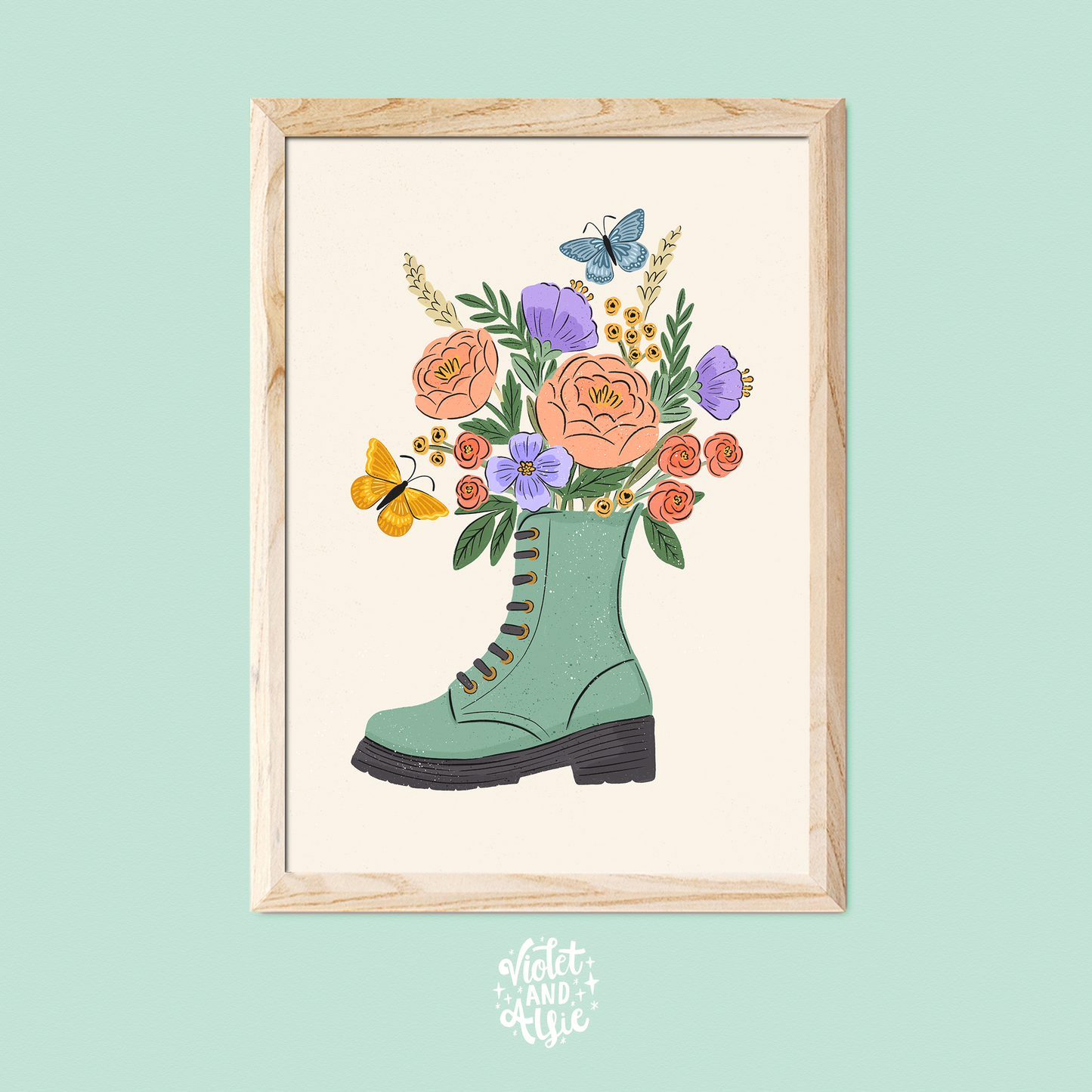 DM boot art, flowers in classic boot, pretty botanical illustration, fashion print, pastel floral art