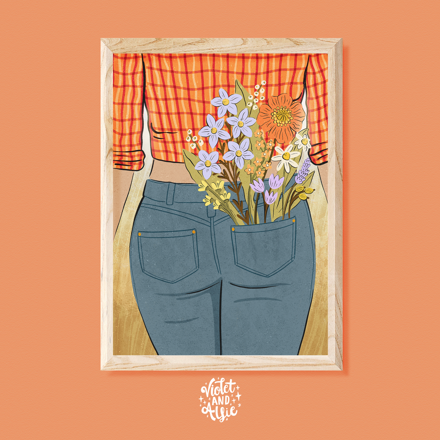 This pretty cowgirl flower print comes in orange or pink colour options and makes a perfect addition to any boho western home decor. country and western, cowboy aesthetic, flower illustration, modern cowgirl, jeans check shirt, boho cowgirl, boho western print, cowboy shirt art, cowgirl illustration