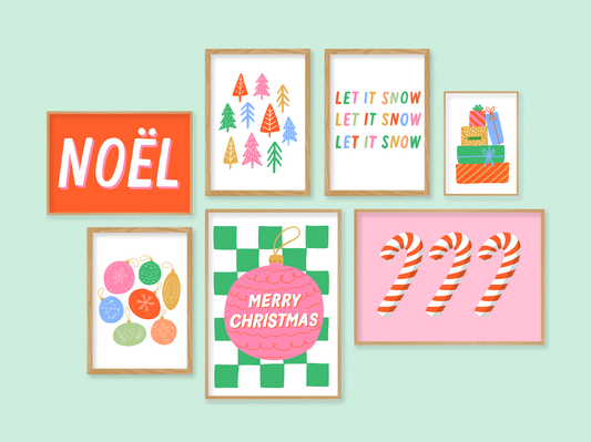 christmas print bundle, printable christmas wall art, colourful christmas posters, Noel, christmas trees print, let it snow, merry christmas bauble, candy canes