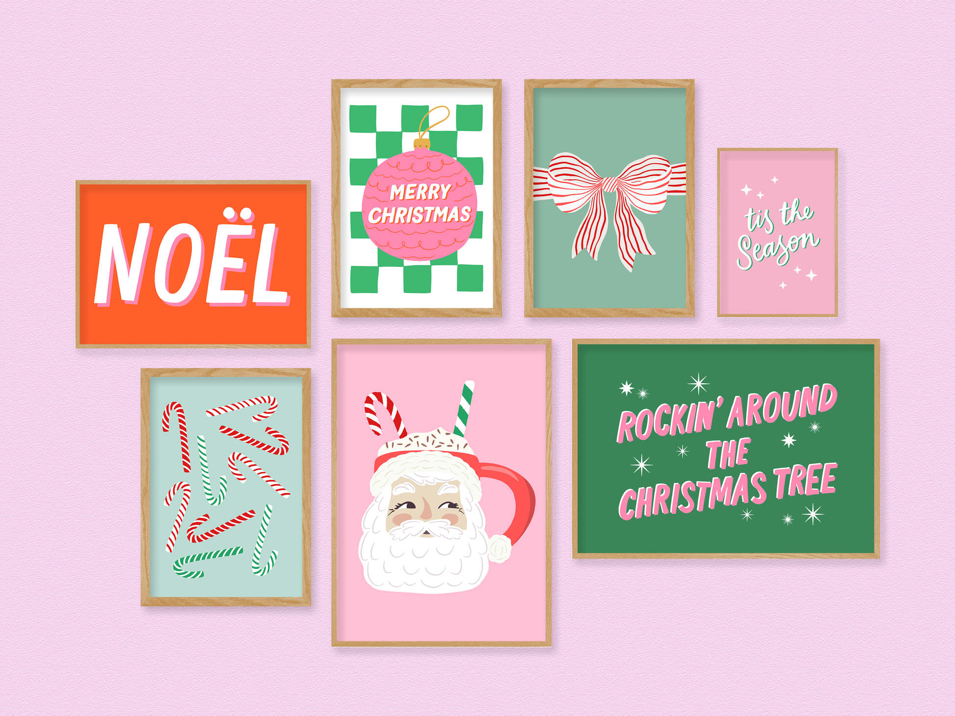 Pink and green christmas prints, printable wall art, festive posters, noel, bauble, tis the season, rockin around the christmas tree, santa mug, candy canes, maximalist christmas, colourful christmas prints, colourful home decor art