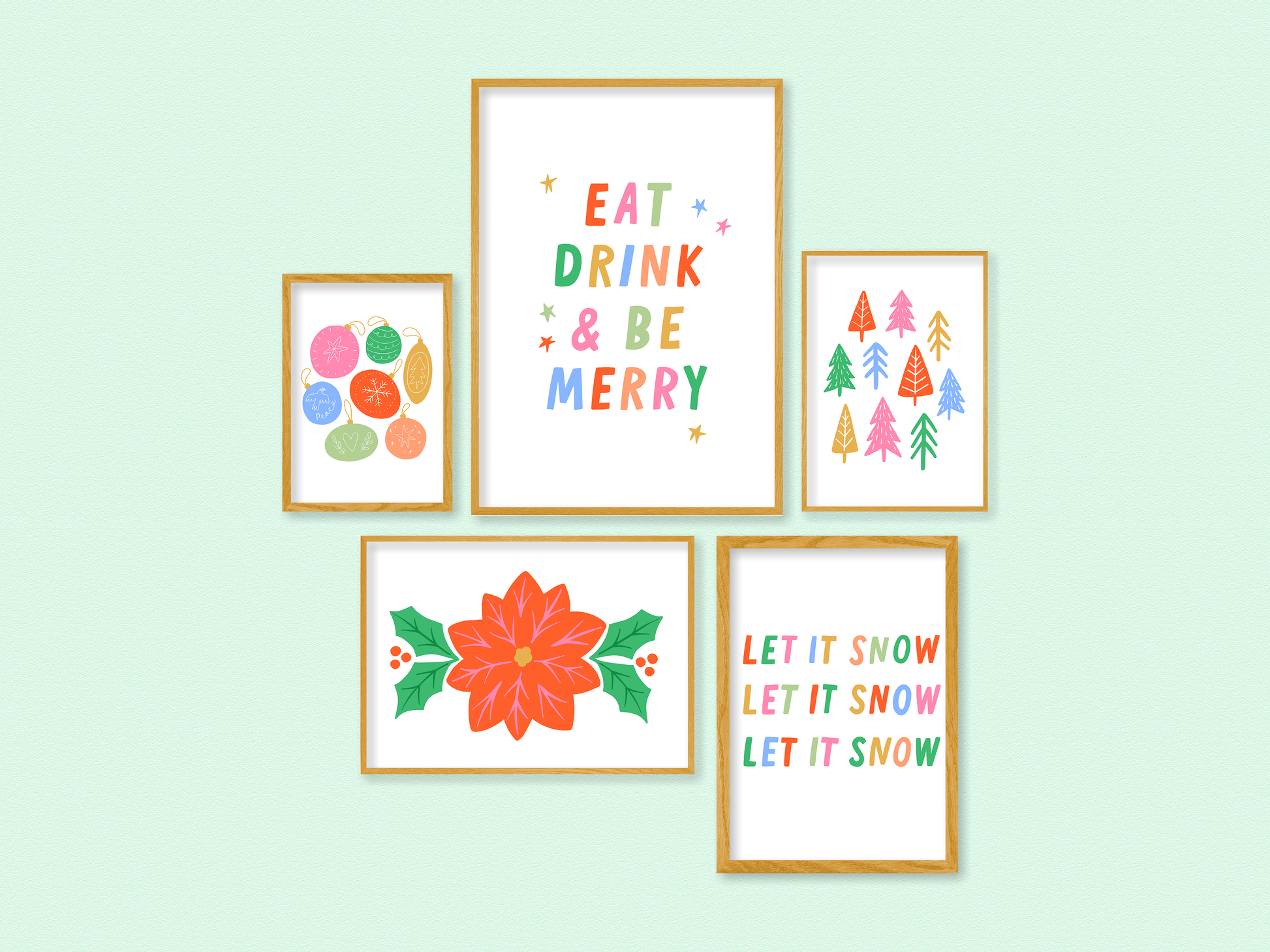 colourful christmas prints, eat drink and be merry, christmas trees print, let it snow