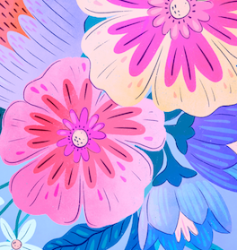 Maximalist Flower Illustration Print - Purple Pink Blue Decor