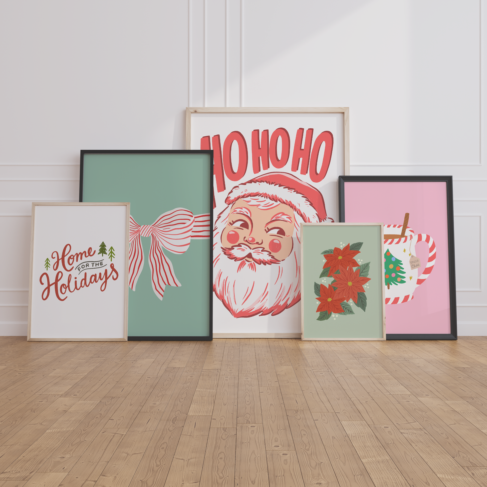 affordable christmas wall art set, printable festive posters, retro santa print, christmas mug illustration, home for the holidays