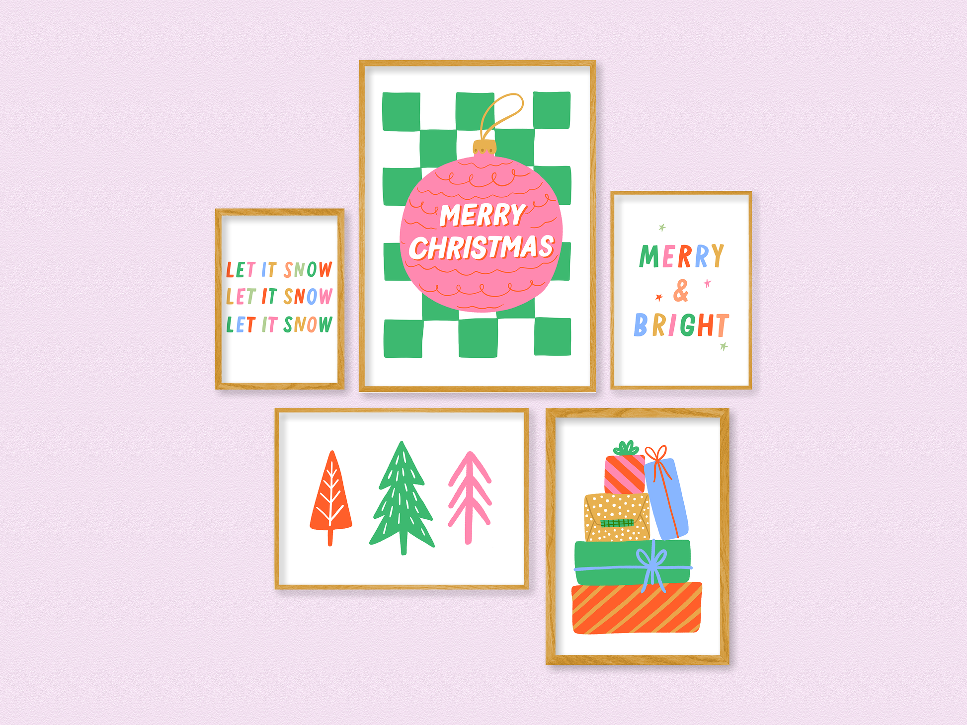 colourful christmas prints, preppy christmas posters, merry and bright print, merry christmas bauble, let it snow typographic print, christmas trees wall art, christmas presents illustration