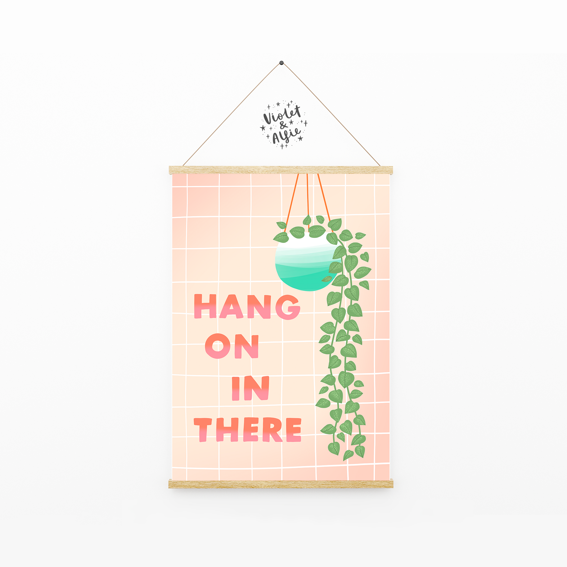 Hang on in there print, encouragement gift, mental health poster, positivity and motivational art, house plant illustration, strength print, pastel decor, plant decor, inspirational prints