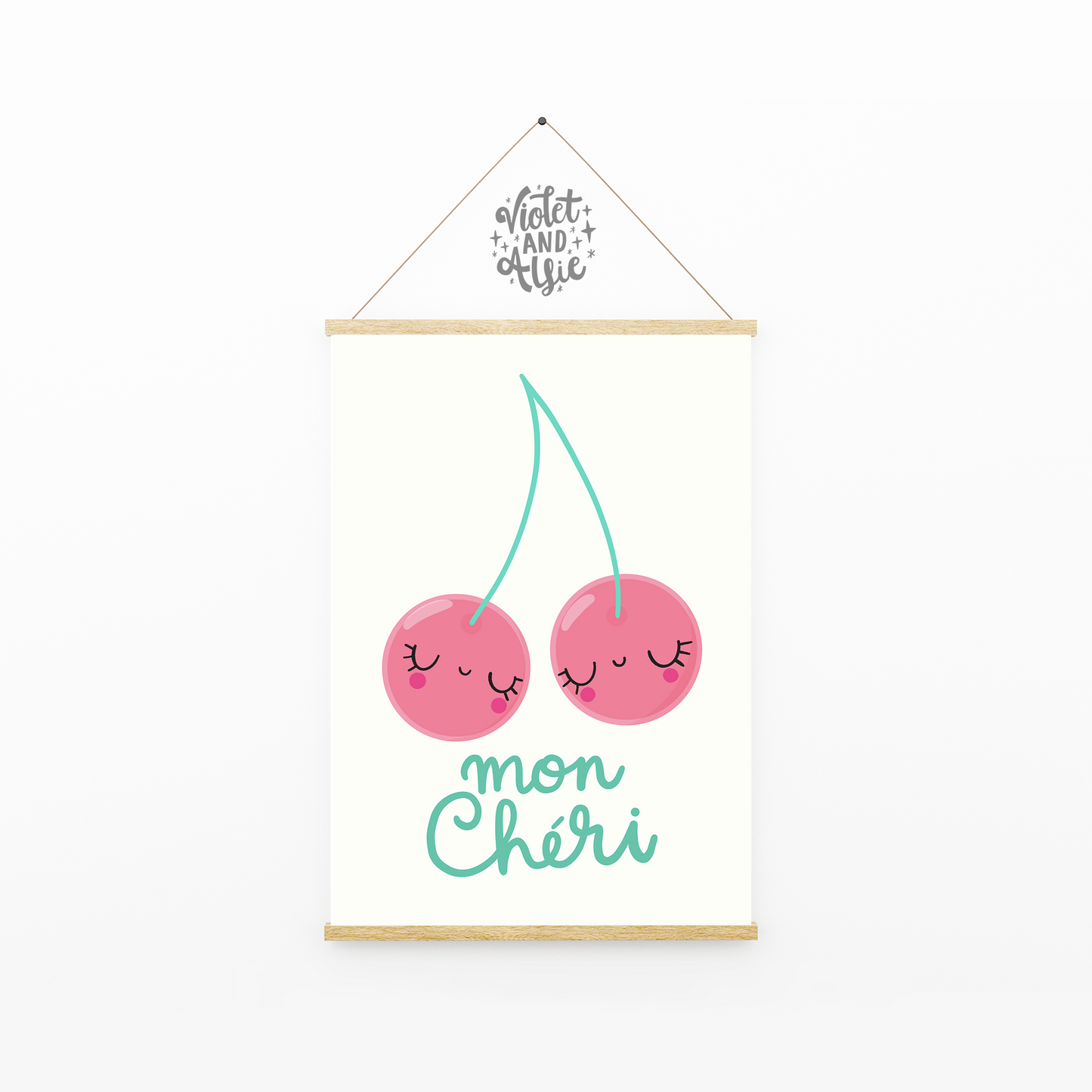 Cute Cherry Print, Nursery or Girl's Bedroom Decor, Mon Cheri Poster, Pink and Mint Wall Art, Prints for gallery wall, Fruity wall art