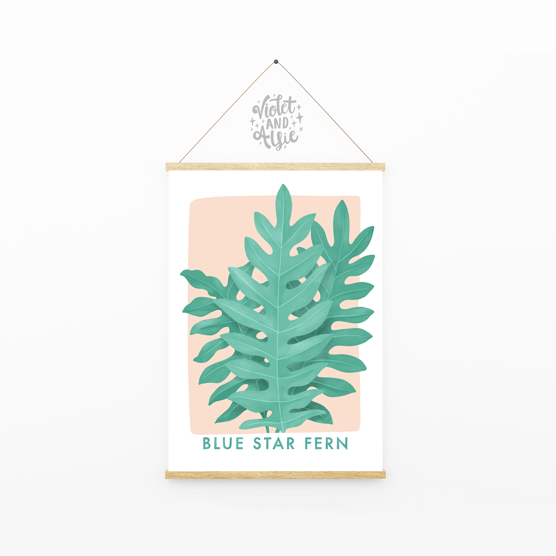 Blue star fern, plant illustration, botanical wall art, fern print, houseplant art, plant lover gift, leaf print, peach and mint home decor, prints for hallway, prints for kitchen, pastel wall prints