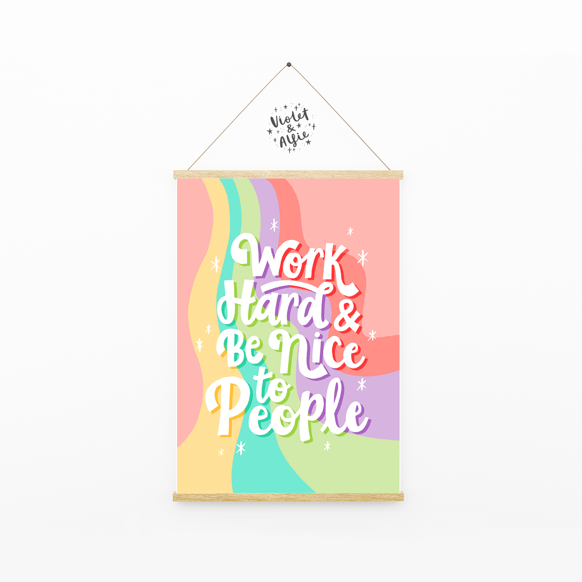 work hard and be nice to people print, home office decor, craft room wall art, colourful word art, quote print, motivational art, bold colourful prints 