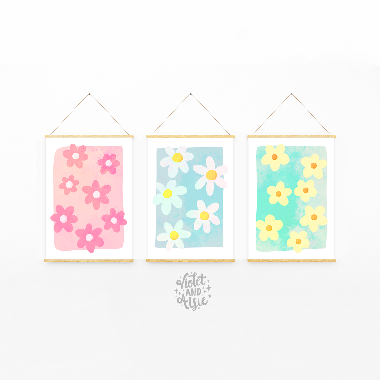 This pretty pastel set of three daisy prints adds a pop of colour and floral freshness to any space. Set of 3 Daisy Prints, Colourful Flower Wall Art, Pastel Home Decor, Daisy Prints, Simple Flower Wall Art, Pastel Colours Home Decor, botanical daisy print, flower illustration art, Bold flowers wall art, daisies poster, floral wall print, fresh summer decor, daisy flower art prints, flower market prints, colourful decor
