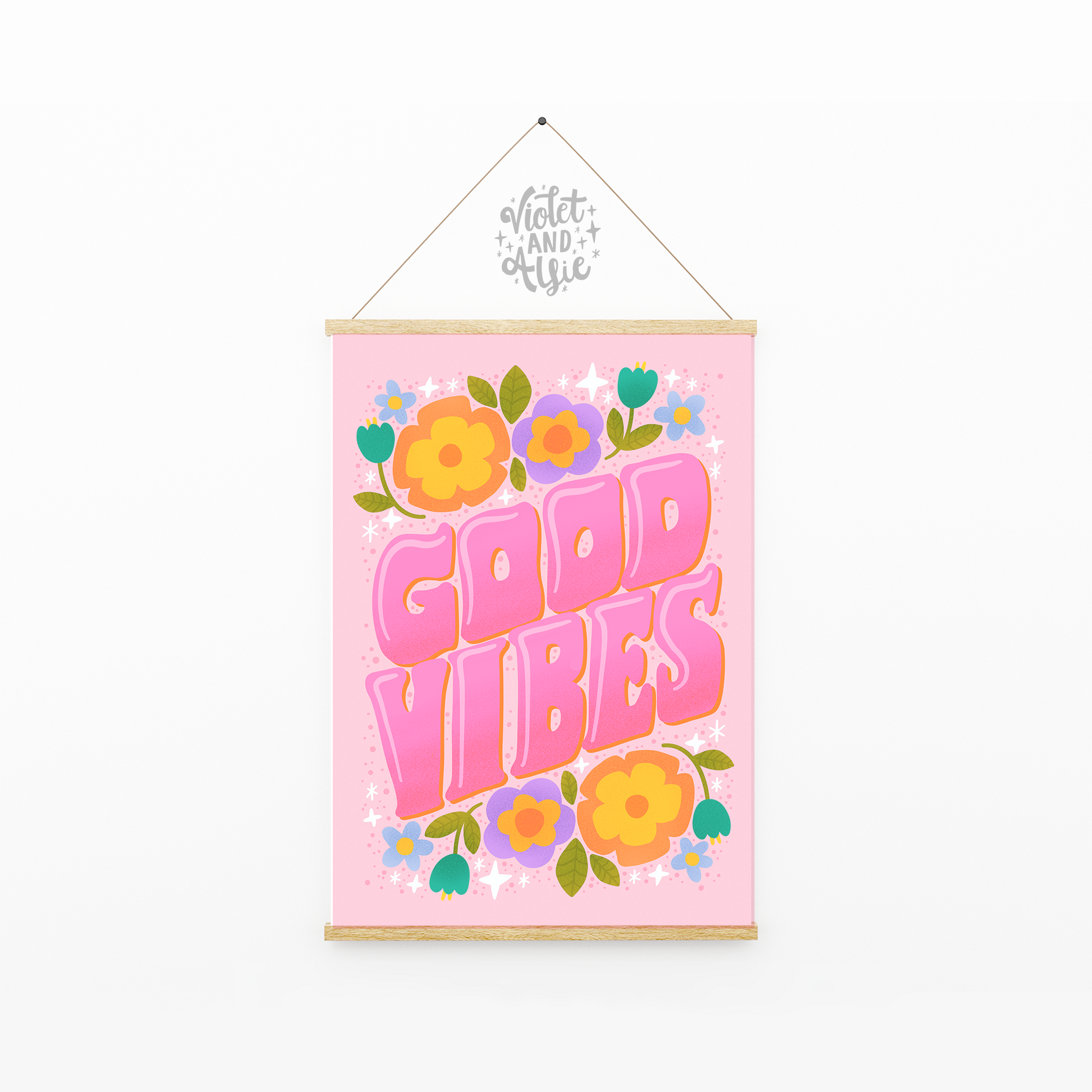 Retro Good Vibes Print | Seventies Wall Art | Boho Eclectic Decor | Kitsch Aesthetic | Pink wall art, hippy decor, eclectic boho art