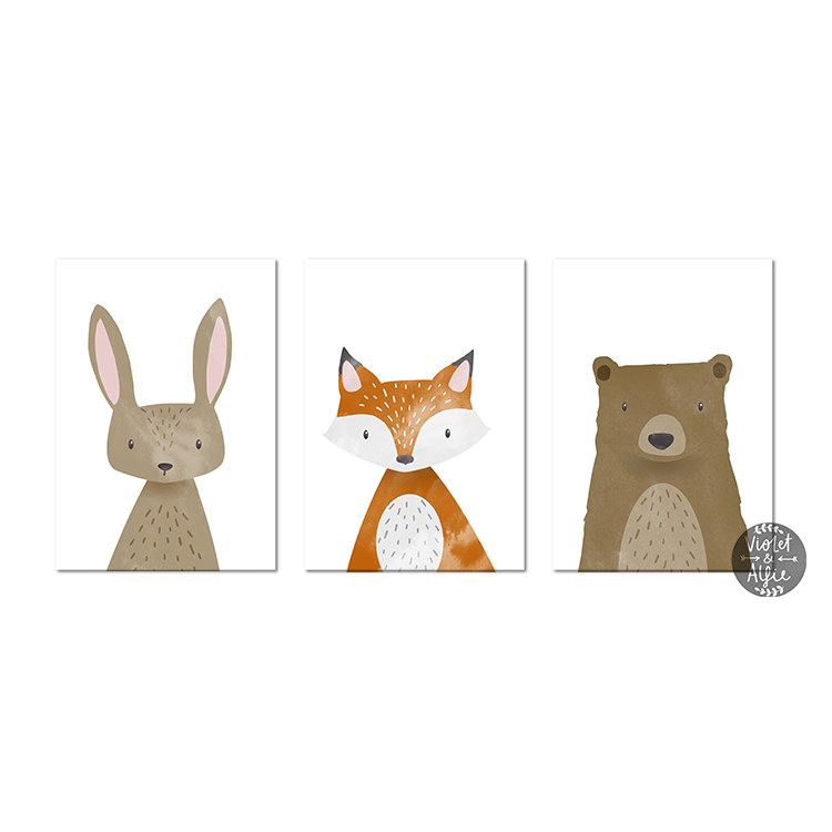 Woodland animal print set | Bear | Fox | Rabbit - Violet and Alfie