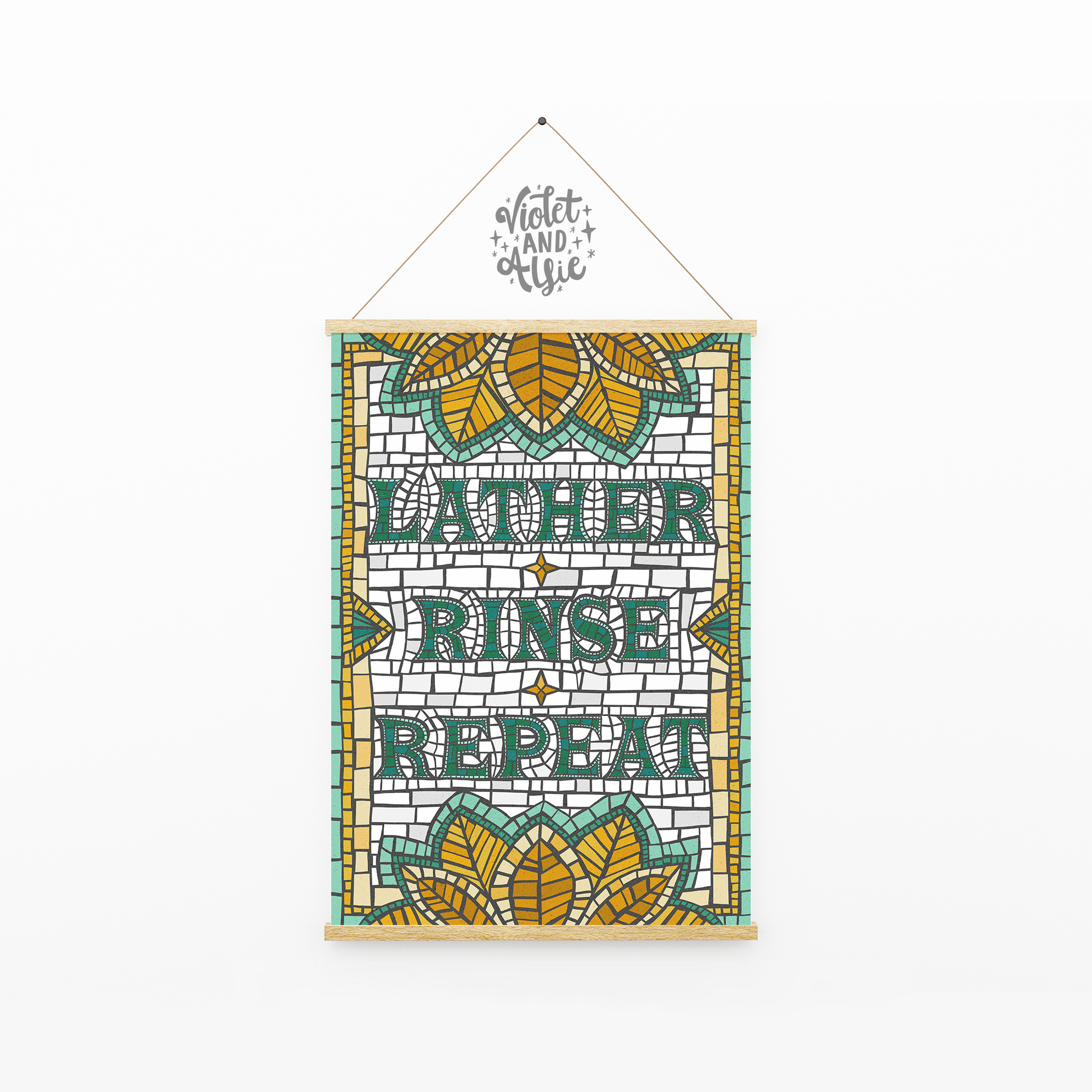 Lather Rinse Repeat This unique bathroom wall art is illustrated in the style of an old mosaic and makes an eye-catching addition to any eclectic bathroom or shower room decor. Lather Rinse Repeat Print, Eclectic Bathroom Decor, Unique Wall Art for bathroom, vintage tiles aesthetic, Boho bathroom, colourful bathroom art, prints for bathroom