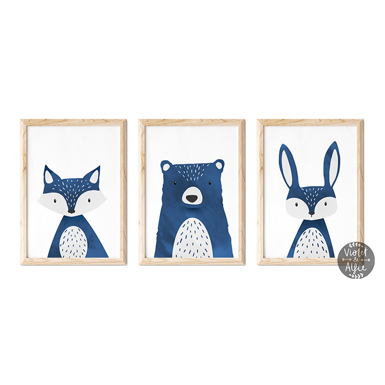 Dark Blue Animal Print Set | Bear | Fox | Rabbit - Violet and Alfie