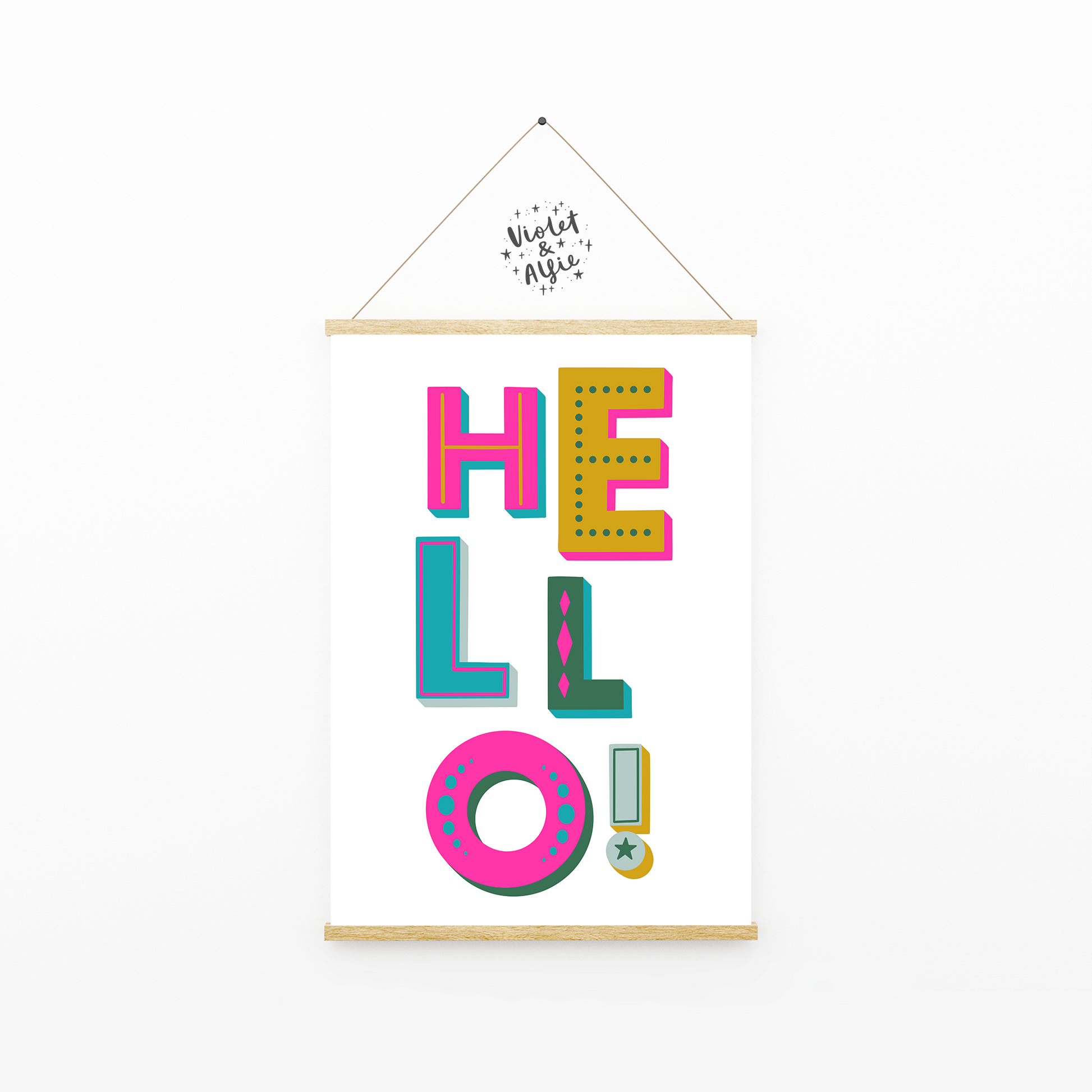 Hello print, prints for hallway, Typographic print, colourful typography, eclectic home decor, bold wall art, quirky prints, typographic magic print, maximalist home decor, clashing colours, prints for your home, quirky prints, gallery wall decor