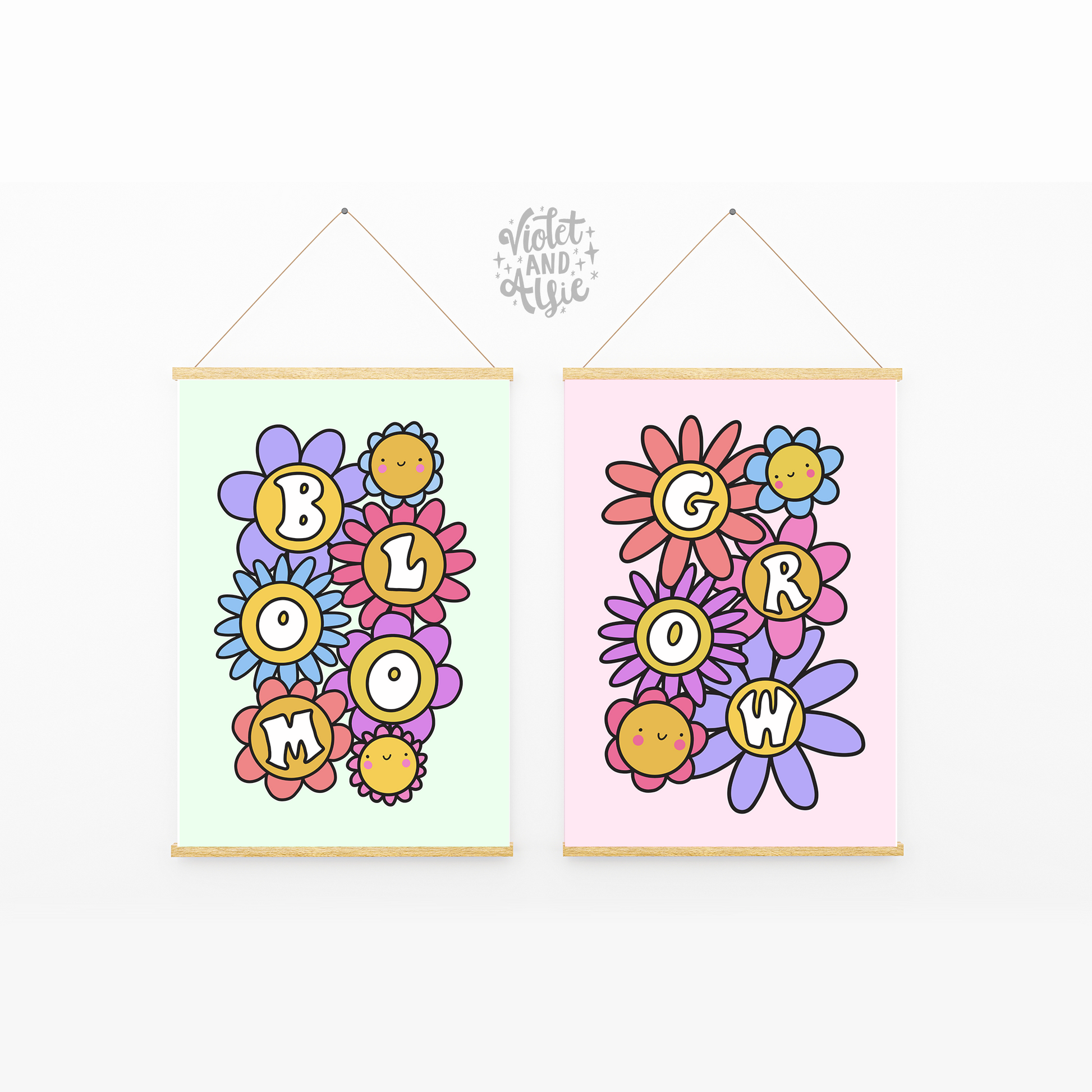 This coordinating pair of seventies style retro flower prints read 'Bloom' and 'Grow.' These happy flower prints are perfect for an eclectic or maximalist home decor style. Positive wall art prints. pair of flower prints, cartoon flowers art, smiley flower illustration, prints for gallery wall, girl's room wall prints
