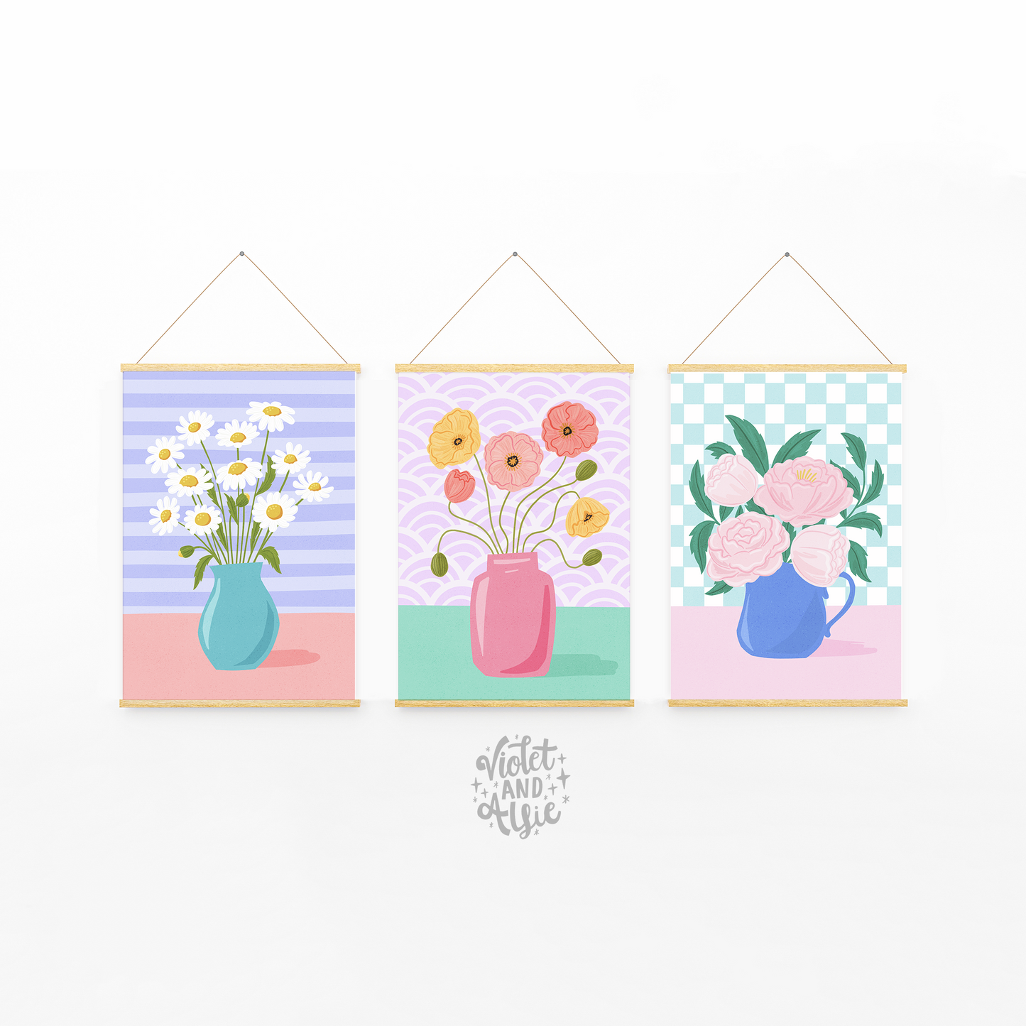 This gorgeous eclectic pastel print set is fab for bringing the outside in and adding some fresh floral illustration to brighten up any space. It includes our Peony, Poppy and Daisy modern botanical designs. Set of Three Floral Illustration Prints, Trendy Flower Wall Art, trendy prints for your home, pastel aesthetic decor, pastel floral wall prints, flower posters, home office decor art, trendy flower art prints 