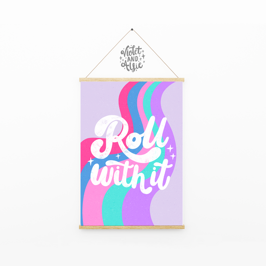 Roll With It  This funky hand lettered positivity print has a retro, seventies inspired vibe and features a gorgeous on-trend rainbow stripe in either a vintage blue and orange mix or purple and pink mix. This bold eye-catching print is perfect for adding to a retro themed bedroom (thank you Stranger Things), a vibrant gallery wall display or for gifting to a skater!