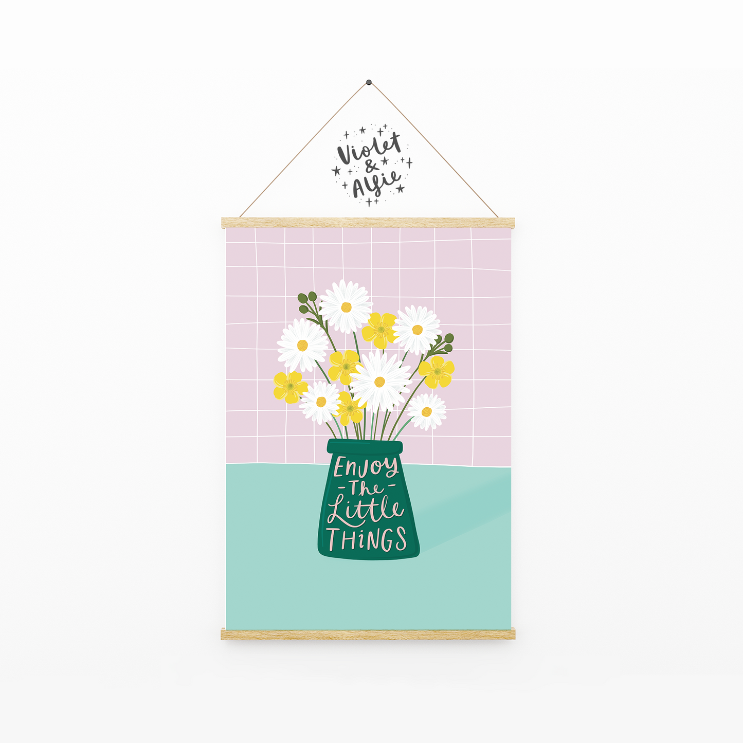 enjoy the little things, quote print, happy wall art, daisies and buttercups, flower illustration, botanical wall art, flower prints, colourful decor, pastel wall art