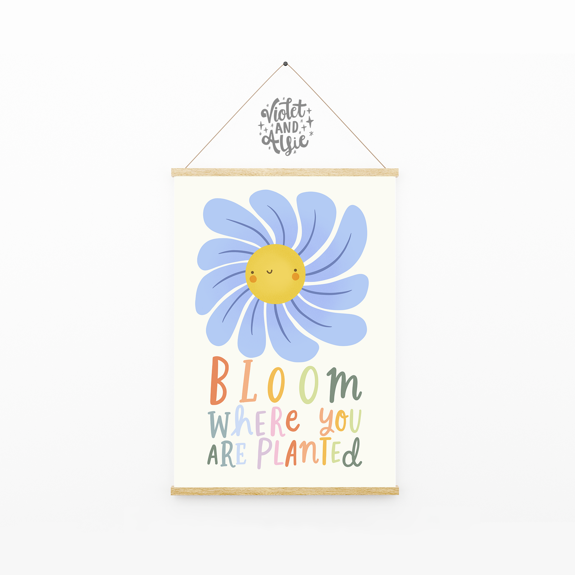 bright  cheerful floral print, smiley flower, hand lettered, Bloom where you are planted, vibrant gallery wall display, Retro flower art, motivational quote, empowering mantra, positivity quote print, A5 A4 A3 size, prints for gallery wall, colourful home aesthetic