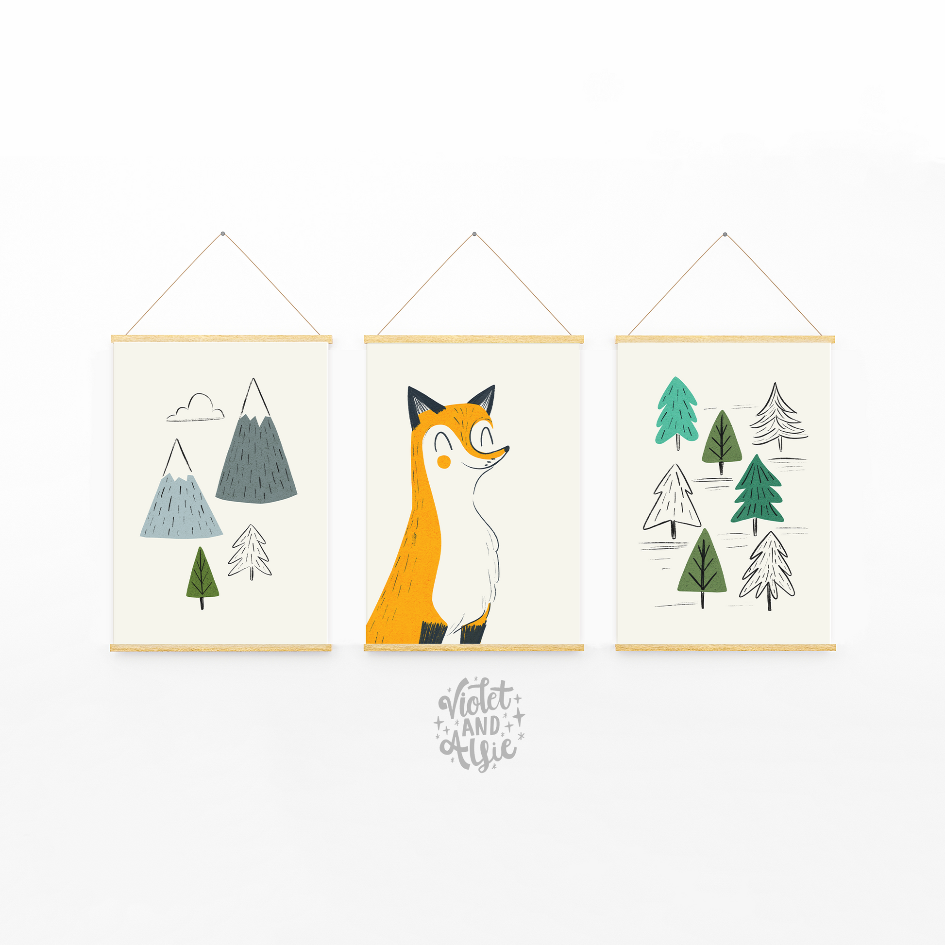 Orange wall art, cute animal illustration, woodland nursery, fox print set, retro children's illustration, animal print set